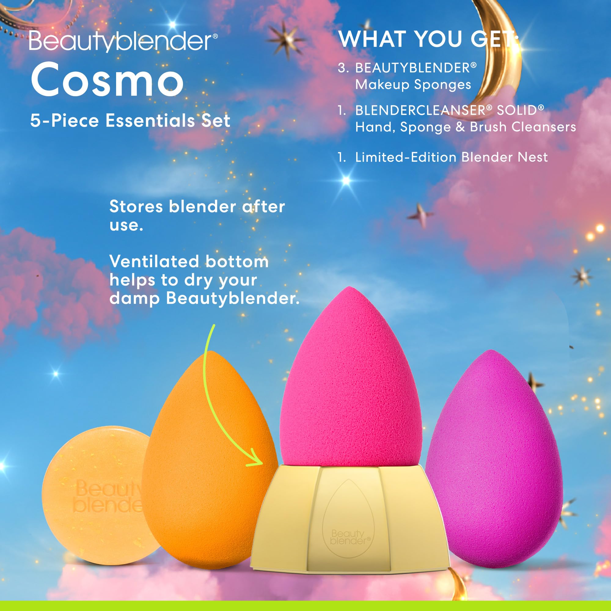 Beautyblender® Cosmo Beauty Blender - Juego de 5 piezas esenciales - 3 esponjas de maquillaje, 1 esponja y limpiador de pinceles, soporte nido, aplicación profesional, vegano y libre de crueldad,