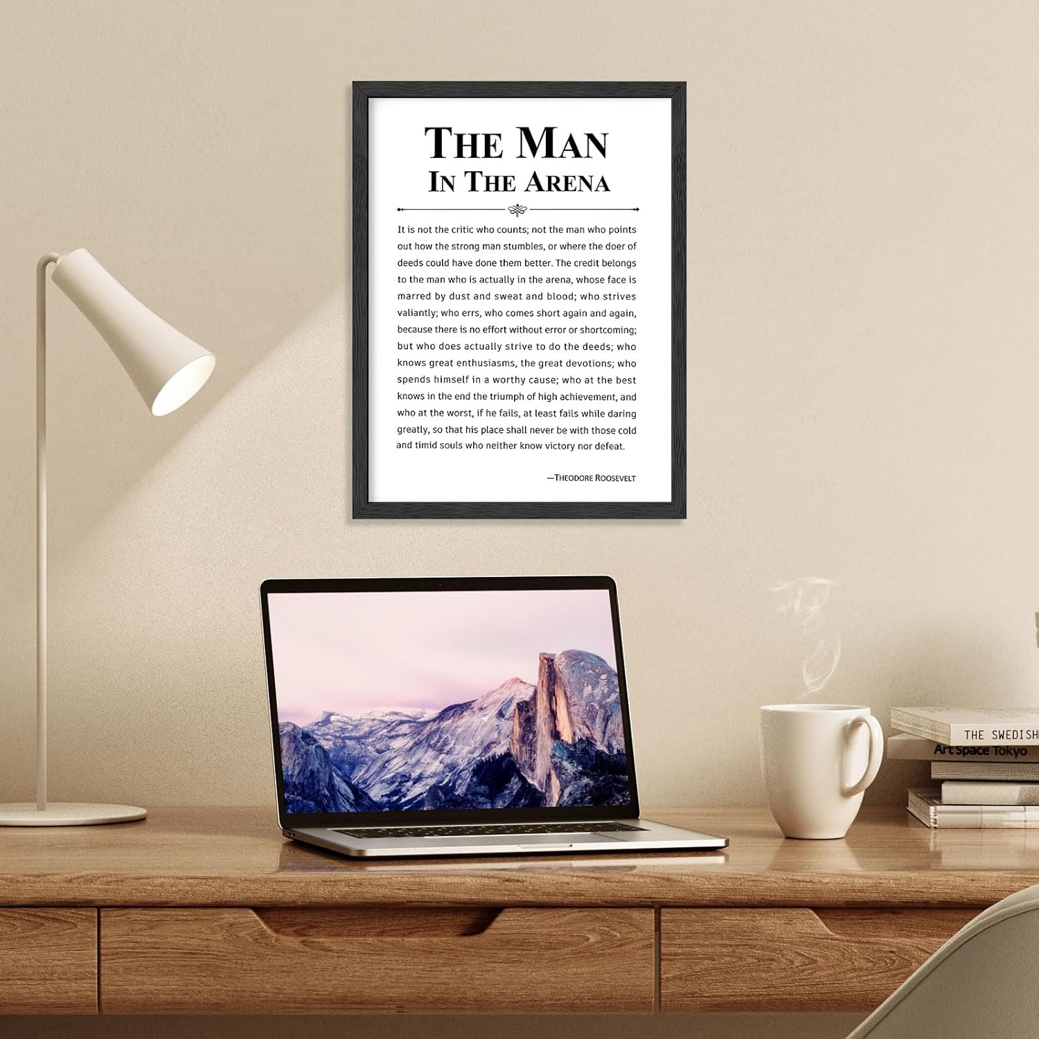 flangairy The Man In The Arena Wall Art Framed, 15.7×11.8 Inch Wooden Motivational Office Wall Decor for Men, Positive Quotes Inspirational Signs for Farmhouse Home Decorations