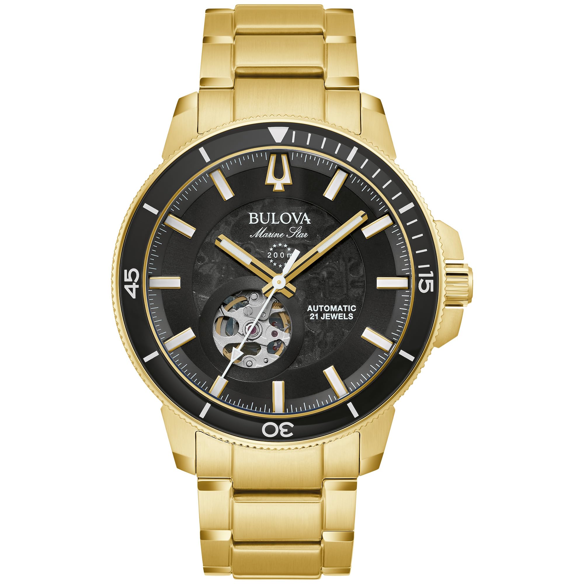 Bulova Men's Marine Star 'Series C' Automatic Gold Stainless Steel 3-Hand Watch, Black Dial; Exhibition Case, Rotating Bezel Style: 97A174