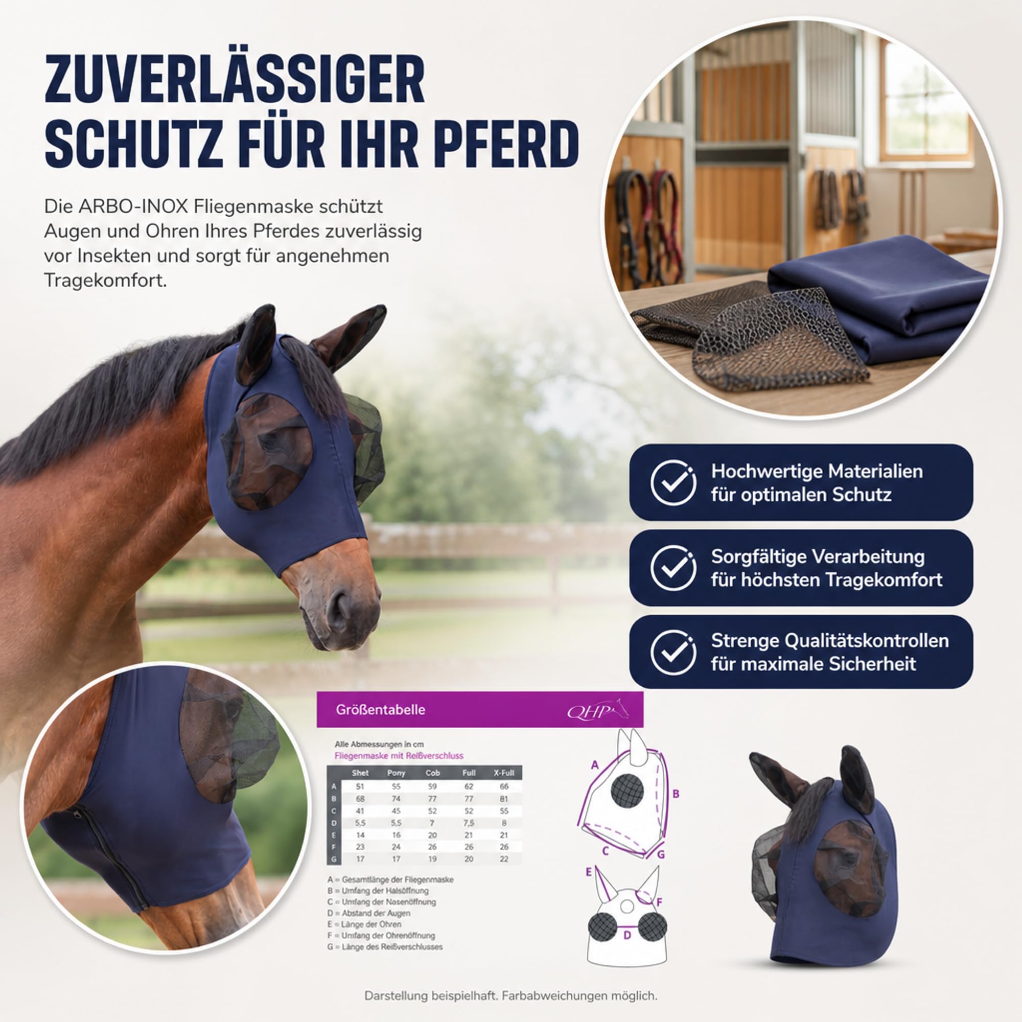 ARBO-INOX Fliegenmaske für Pferde mit Ohren – Sicherer Fliegenschutz auf der Weide – Elastisches Gewebe, Mesh an Augen, Reißverschluss, Navy