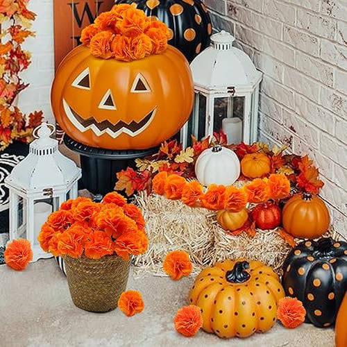Miniatura 6 de Beau Jour 100 cabezas de flores de caléndula con tallos florales, flores artificiales de seda naranja para Diwali Día de los Muertos DIY guirnalda