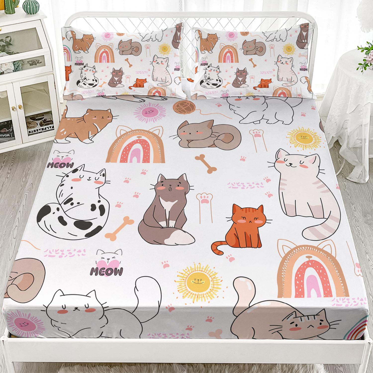 AILONEN Cat Fitted Sheet Set Twin XL Size, Cartoon Cat Bed Sheet Set,Cat Paw Printed Sheets Set for Kids Girls,Rainbow Cat Pattern Bedsheet Set 3 Pieces, 1 Fitted Sheet and 2 Pillowcases