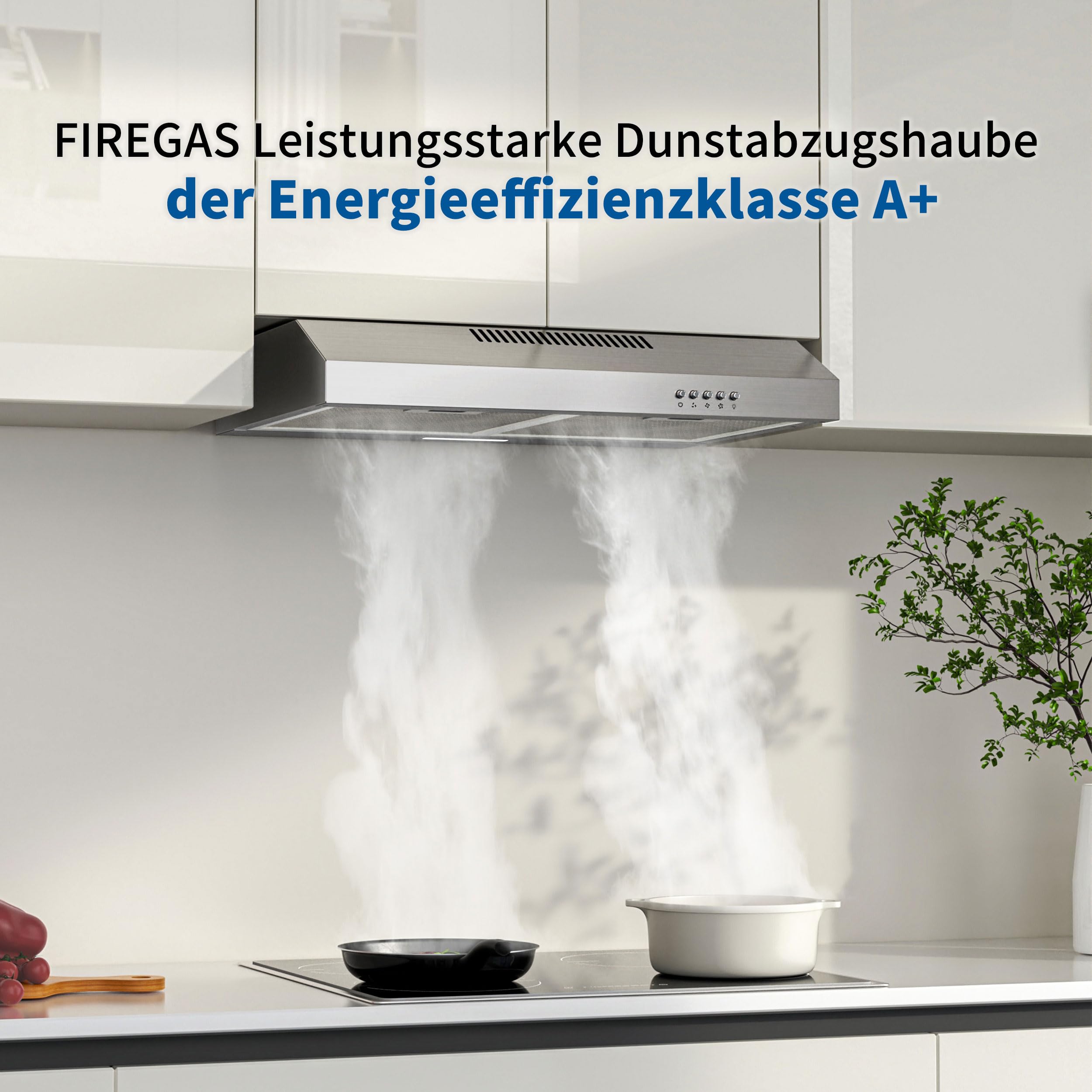 FIREGAS A+ Unterbau-Dunstabzugshaube 60 cm, Umluft & Abluft, 3 Leistungsstufen, LED-Beleuchtung, Edelstahl