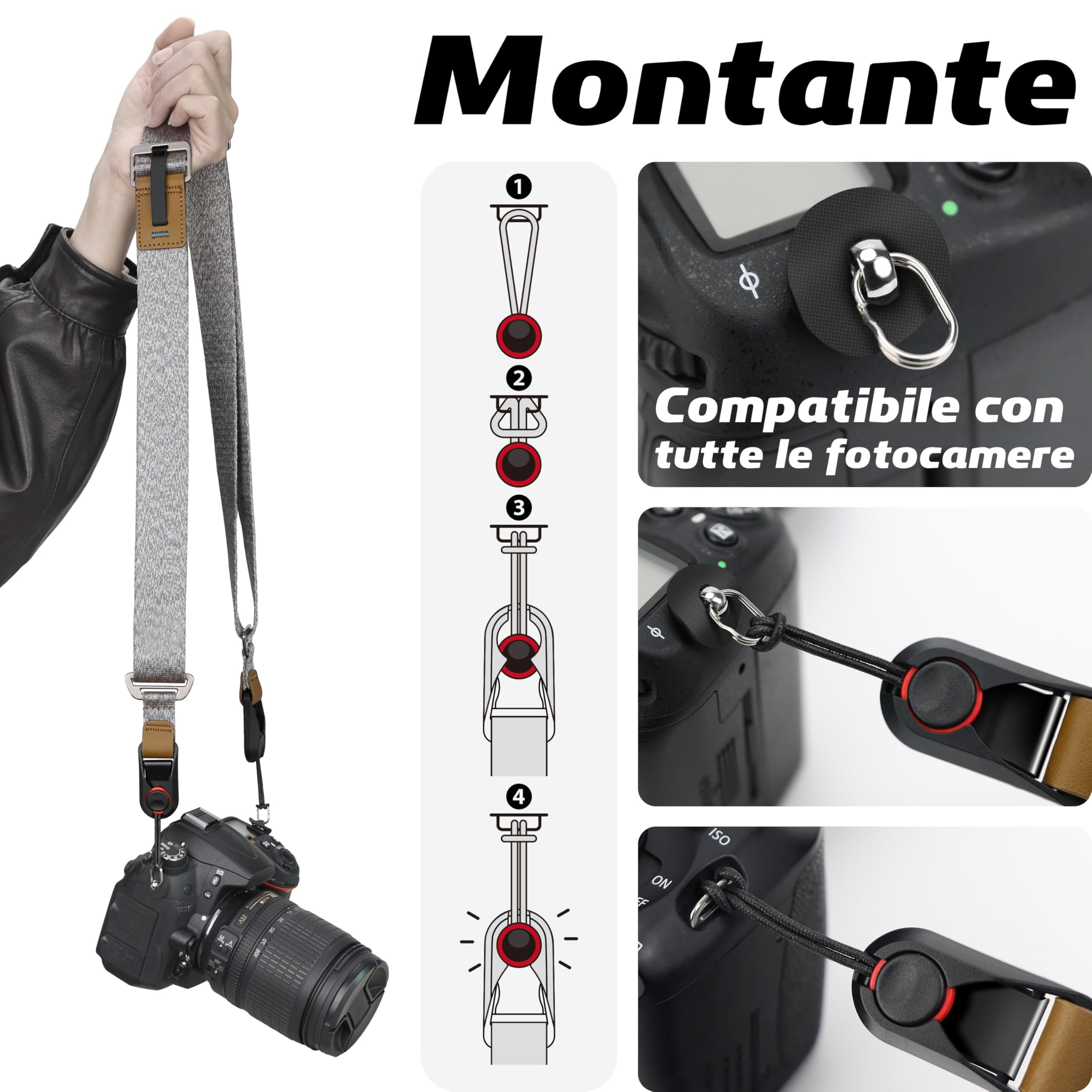 Sunya Tracolla per Fotocamera con sgancio rapido, realizzata in nylon avanzato, regolabile con una mano, compatibile con tutte le fotocamere, carico massimo 90 kg.