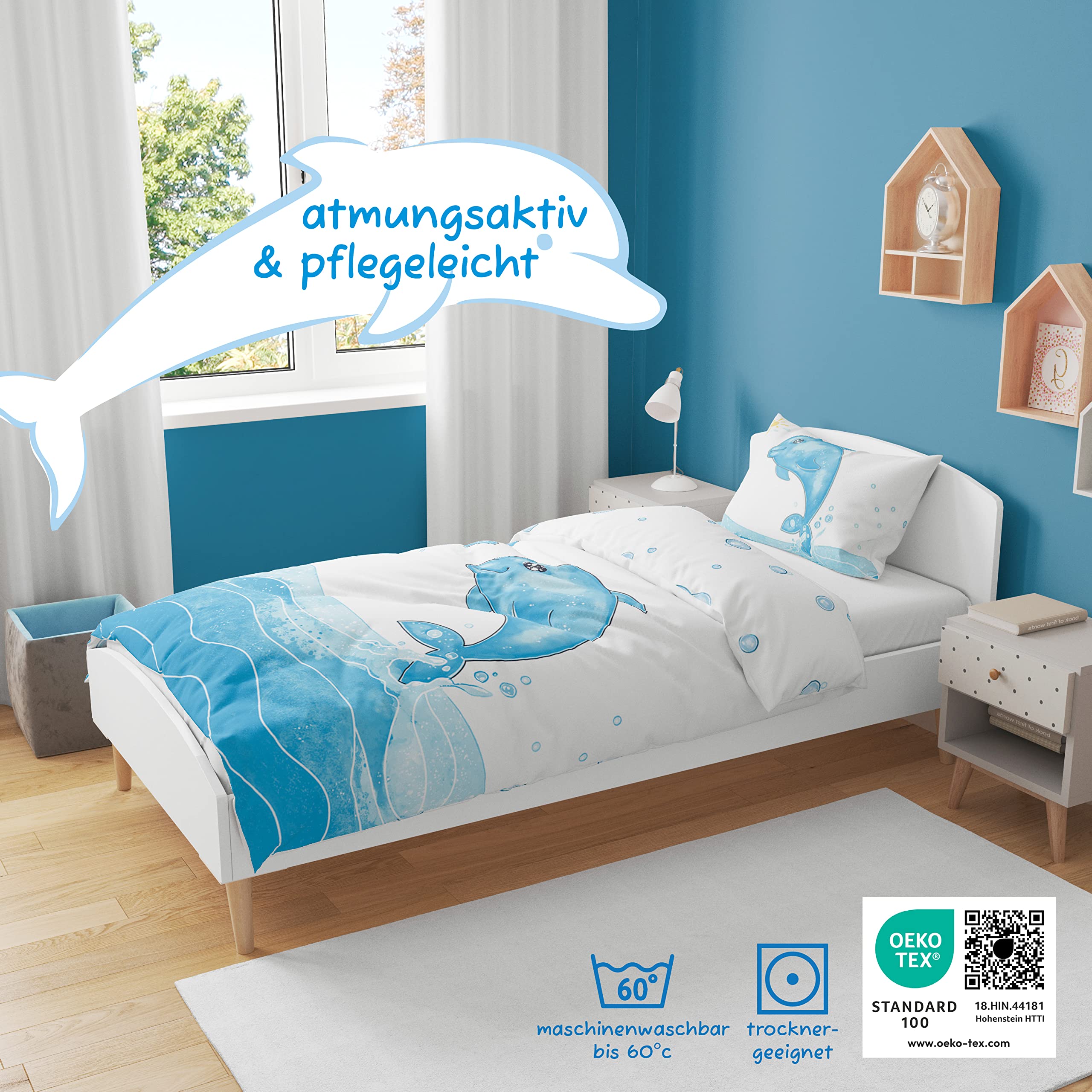 Koru Kids® Kinder Bettdecke 100x135 cm - für Frühjahr/Sommer - Set mit 2 Kinder-Bettbezügen Delfin & Panda – mit 95° waschbar – extra Hygiene für Allergiker – Kinderbettdecke - Duvet