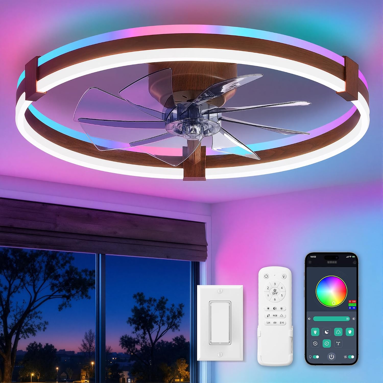 ZMISHIBO 23" RGB Low Profile Ceiling Fans with Lights and Remote, Walnut