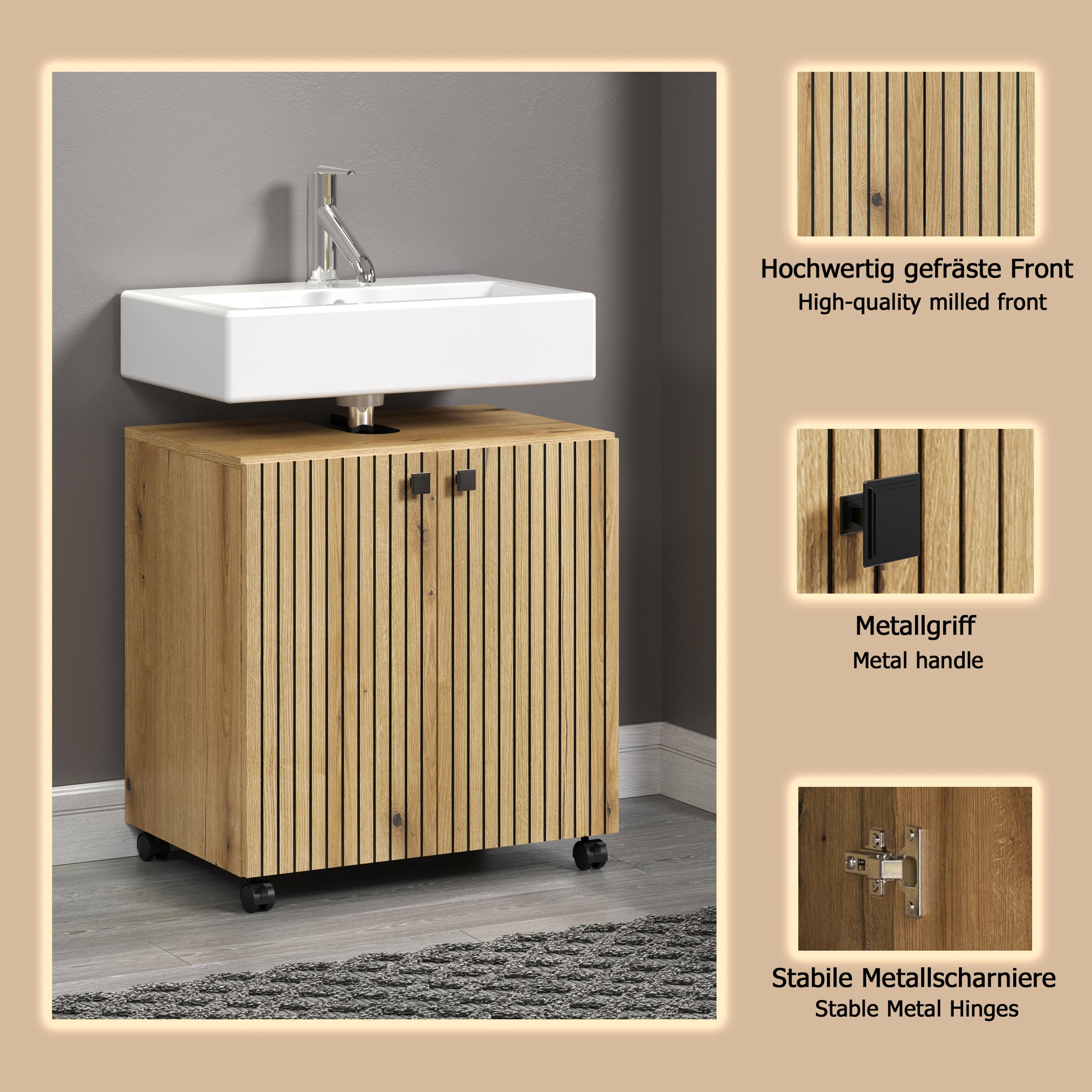 trendteam smart living - PureBliss - Waschbeckenunterschrank auf Rollen - Evoke Eiche - Rillenoptik - 1 Einlegeboden - (BxHxT) 60 x 64 x 42cm - edle Metallgriffe - kratzfest