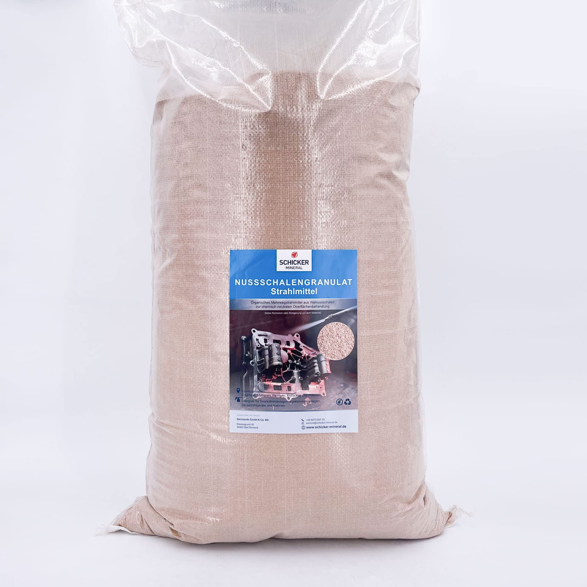 Schicker Mineral Sandstrahlset Nussschalengranulat mit 25 kg Nussschalengranulat Strahlmittel und Strahlpistole, organisches Mehrwegstrahlmittel ohne Eisenanteil, Sandstrahlen (0,1-0,25 mm)