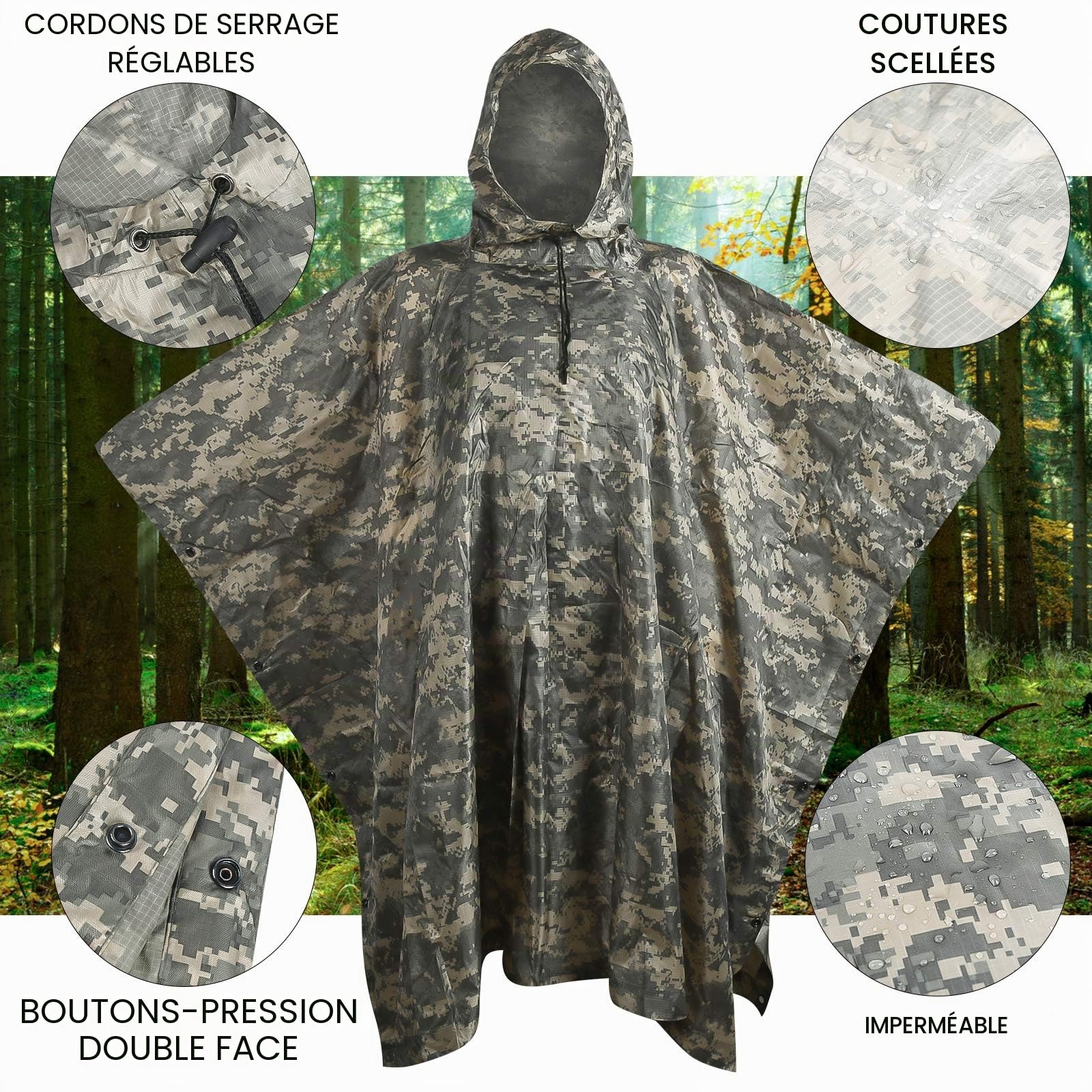LOOGU Poncho de pluie léger et imperméable avec capuche - Design camouflage - Manteau de pluie multi-usages pour hommes et femmes - pour le camping, la pêche, la chasse et les événements