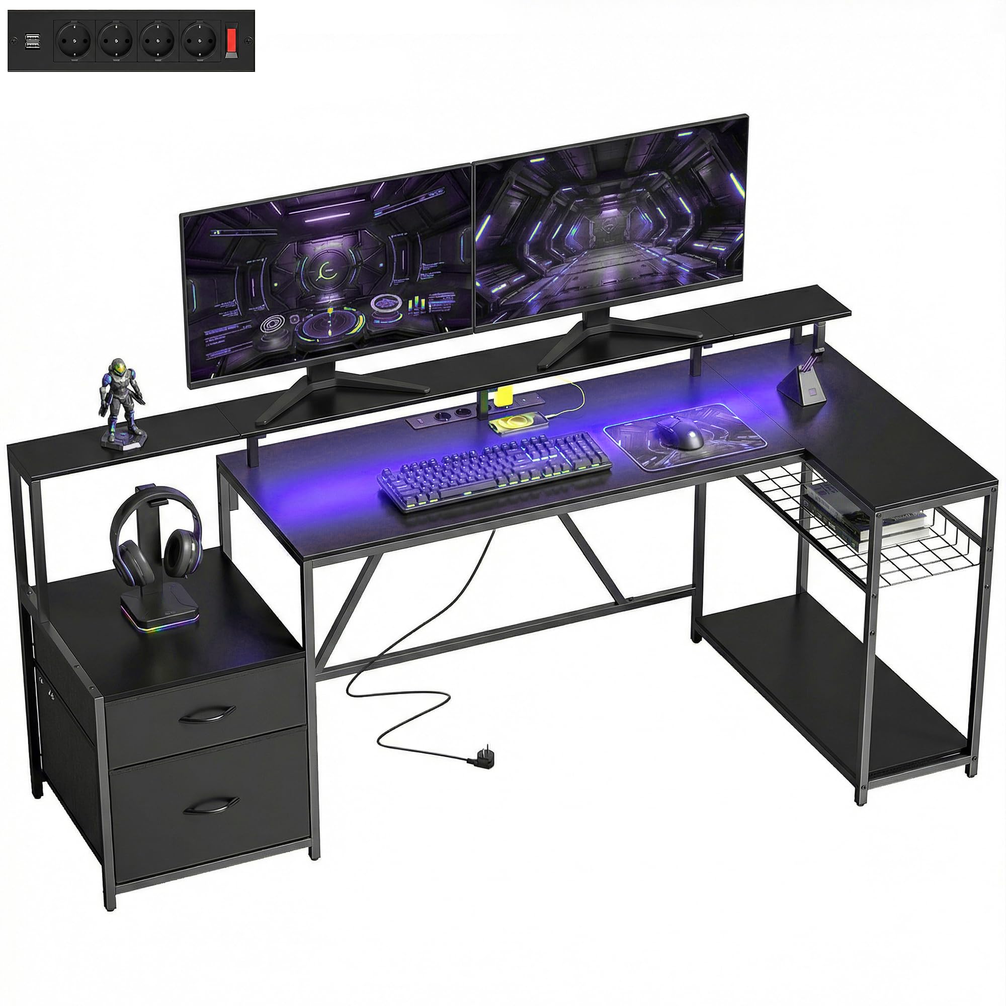 HOMCOM Scrivania Gaming Reversibile ad L con LED, 192.5cm Scrivania Angolare con Prese Elettriche, Supporto Monitor e CPU, 2 Cassetti in Tessuto per Documenti A4/Legale, per Casa Ufficio Studio, Nero