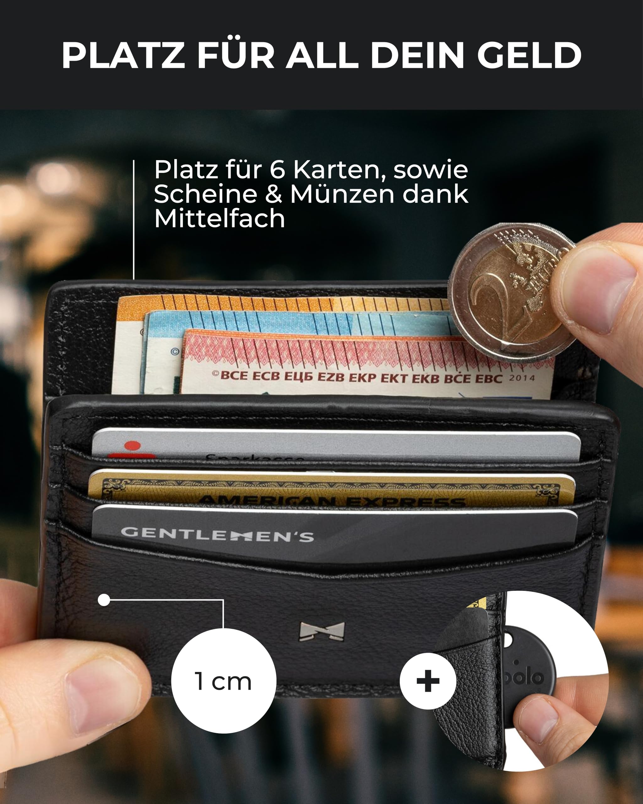 Gentlemen’s Kartenetui – Premium Rindsleder & RFID-Schutz – Platz für Karten, Scheine, Münzen & Tracker im Wallet – Patentiertes Slim Design – Slim Wallet mit Münzfach