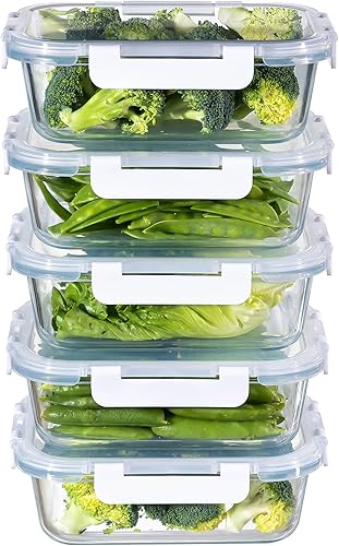 Miniatura 9 de MFY Paquete de 5 recipientes de almacenamiento de vidrio de 36 OZ con tapas, juego de recipientes de vidrio para preparación de comidas, recipientes