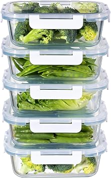 MFY 5 Pack 36oz Glass Containers with Lids, Reusable Meal Prep Containers, Airtight Glass Food Storage Containers with Lids, BPA-free, Microwave, Oven, Freezer & Dishwasher Safe, White