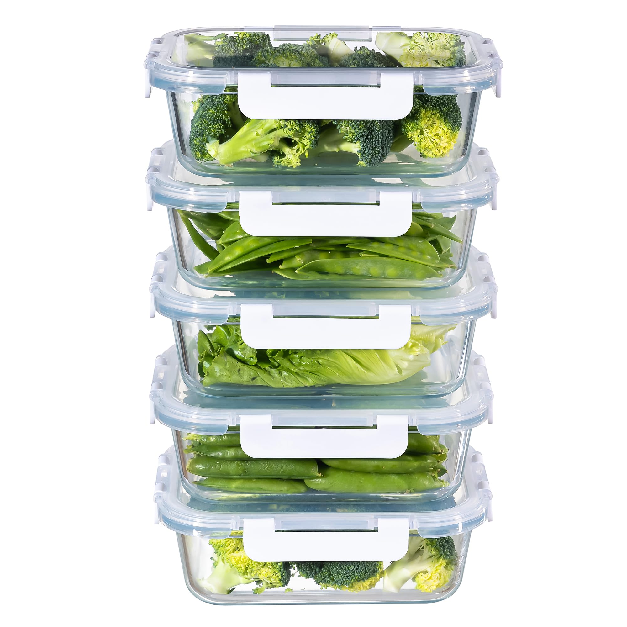 MFY 5 Pack 36oz Glass Containers with Lids, Reusable Meal Prep Containers, Airtight Glass Food Storage Containers with Lids, BPA-free, Microwave, Oven, Freezer & Dishwasher Safe, White