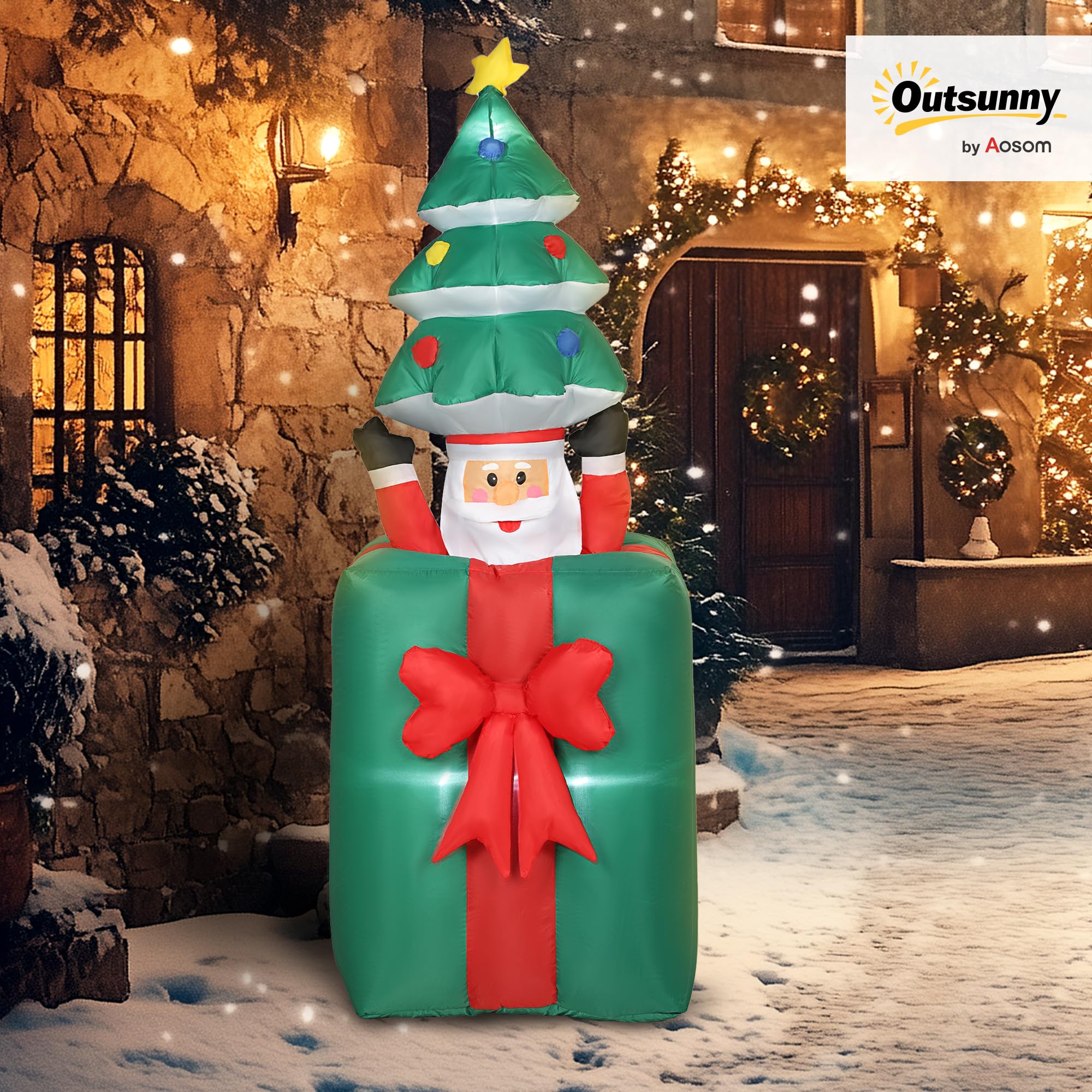Outsunny 160-213 cm Aufblasbarer Weihnachtsdekoration mit LED-Lichtern | Beweglicher Weihnachtsmann aus Geschenkbox, mit Weihnachtsbaum, Weihnachtsdeko, für Rasen Hof und Garten