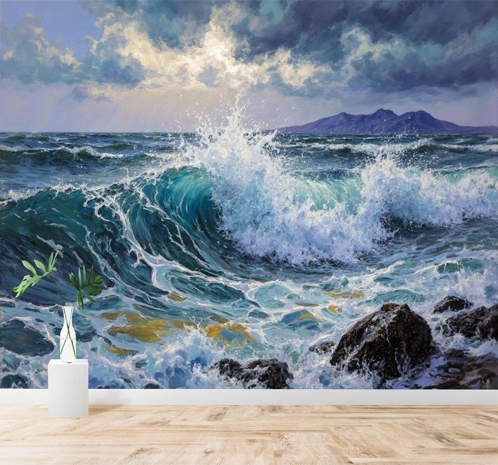 XLMING Waves Crashing Against Rocks Mountains in The Distance Cloudy Sky Seascape 3D Wallpaper Premium Textured Silk Study Dining Living Room Bedroom Sofa TV Wall Easy Install-300cm×210cm