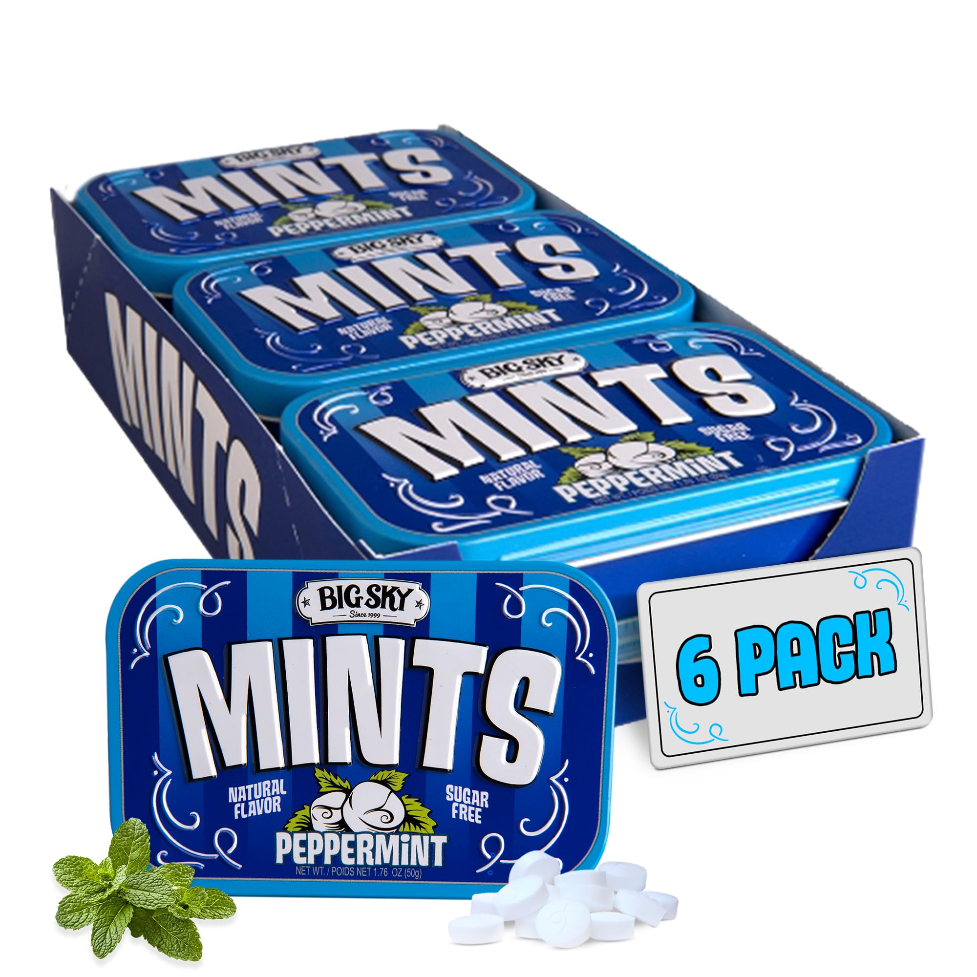 BIG SKYSugar Free Peppermint Candy, 50g Tin - 6 Count Display Tray