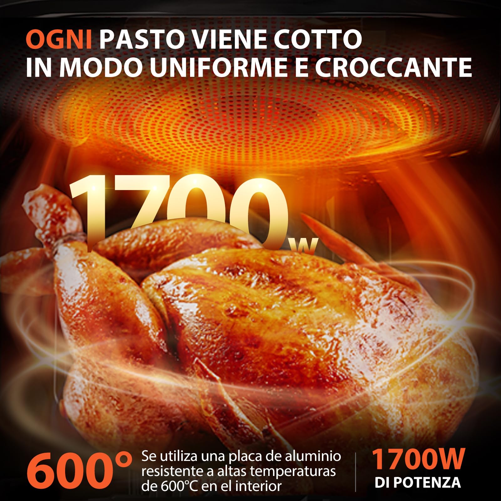 Aigostar Owen - Friggitrice ad aria da 12 litri, Forno ad aria multifunzione, 1700 W, Touch screen LED, 8 modalità preimpostate, include 7 accessori, sistema rotante, BPA FREE