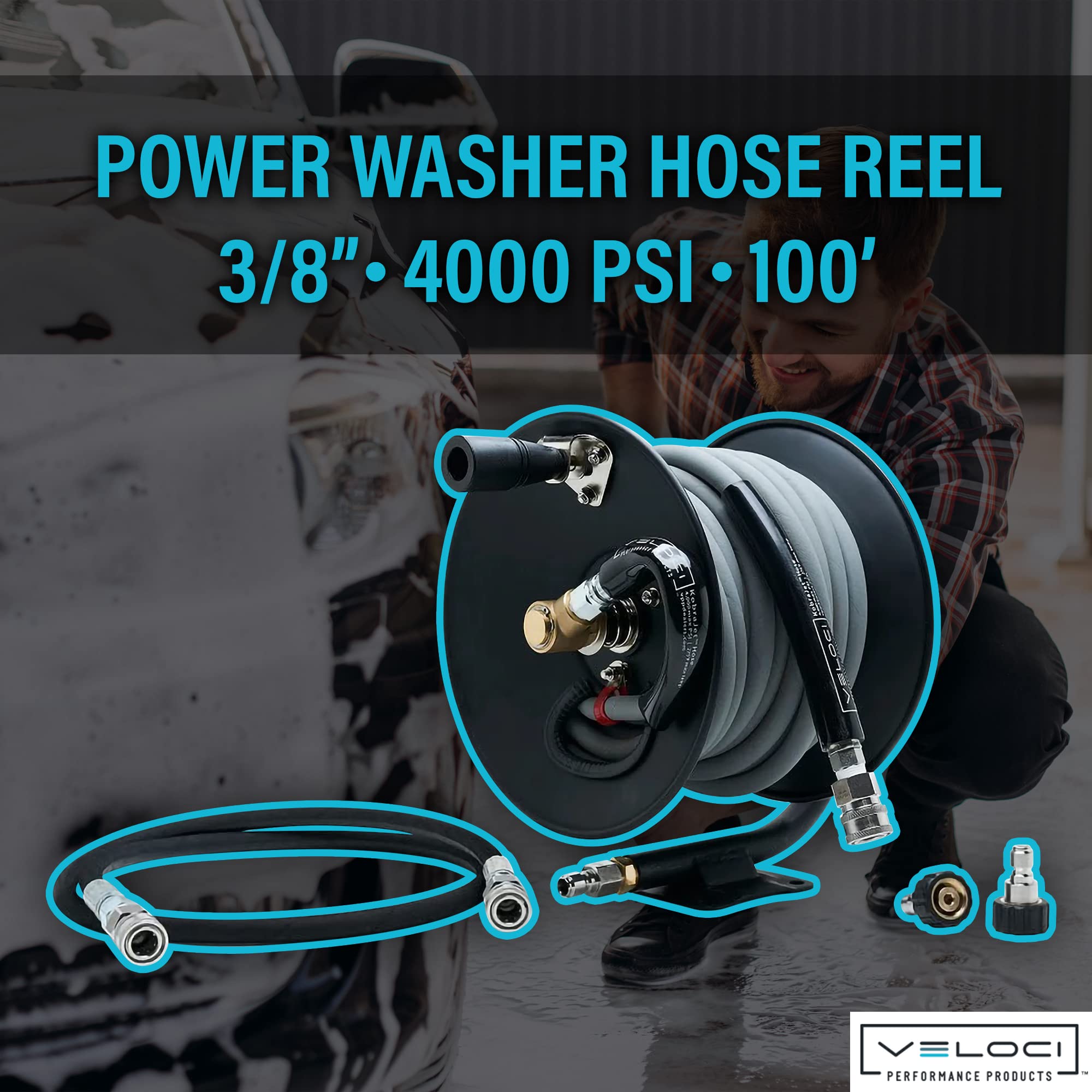 MTM Hydro Pressure Washer Hose Reel Kit, Metal Heavy-Duty Hand Crank Wall Mounted, Commercial Grade with Kobrajet Non-Marking Gray Hose High Pressure 3/8” 4000 PSI 100’ Commercial Grade