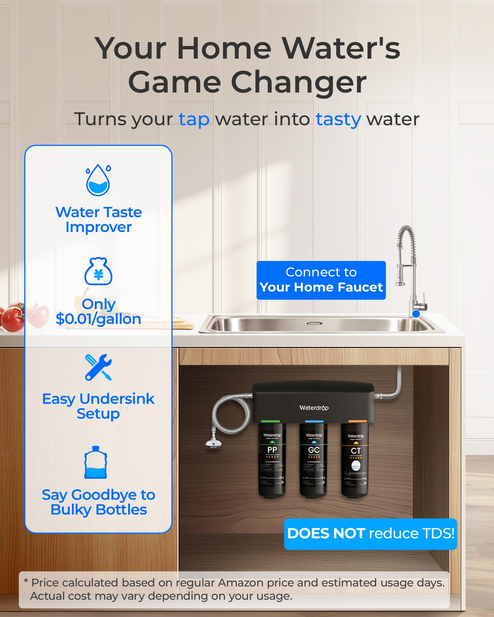 Waterdrop TSA system filtrowania wody pod zlewem, 3-stopniowy system filtracji wody o dużej pojemności, certyfikat NSF/ANSI 42, redukcja PFAS, PFOA/PFOS, redukcja ołowiu, chloru, złego smaku