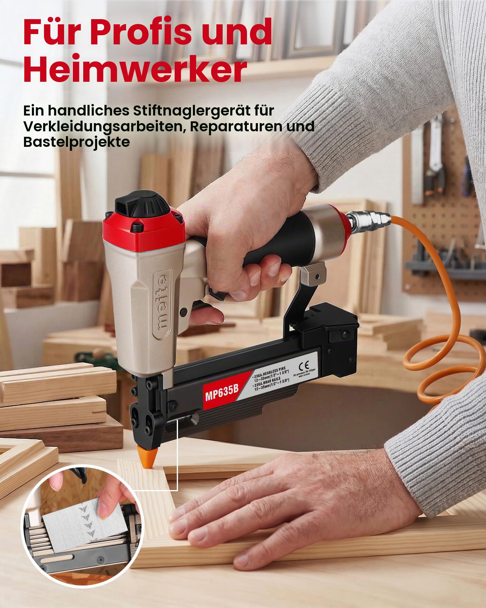 meite MP635B Druckluft Stiftnagler mit 10000 Stück 23 Ga 25 mm Kopflose Stifte, Kompakte für 12–35 mm Länge, Druckluft-Nagelpistole Kompakte für Zierleisten, Bilderrahmen und Feine Holzarbeiten