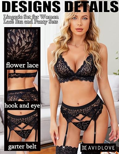 Vista 3 de Avidlove Conjunto de lencería de liguero para mujer, conjunto de sujetador y braga de encaje de 3 piezas con liguero sexy conjunto de bralette
