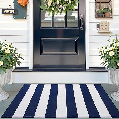 OLANLY Navy and White Striped Rug 2'4" x 3'7" (27.5" x 43") – Washable Cotton Indoor Outdoor Doormat for Front Door, Entryway, Kitchen, Porch, Patio Decor