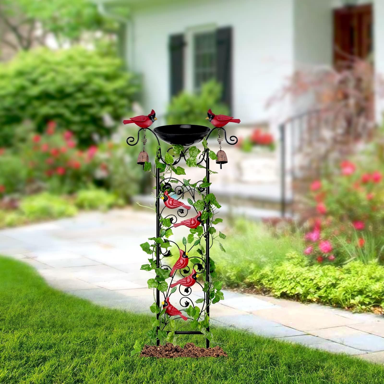 Cardinal Bird Bath Garden Trellis for Climbing Plants Outdoor Wind Chime Decor Red Birds Feeder Yard Sign Spring Lawn Decorations Housewarming Christmas Appear Memorial Gift for Bird Watcher Gardener