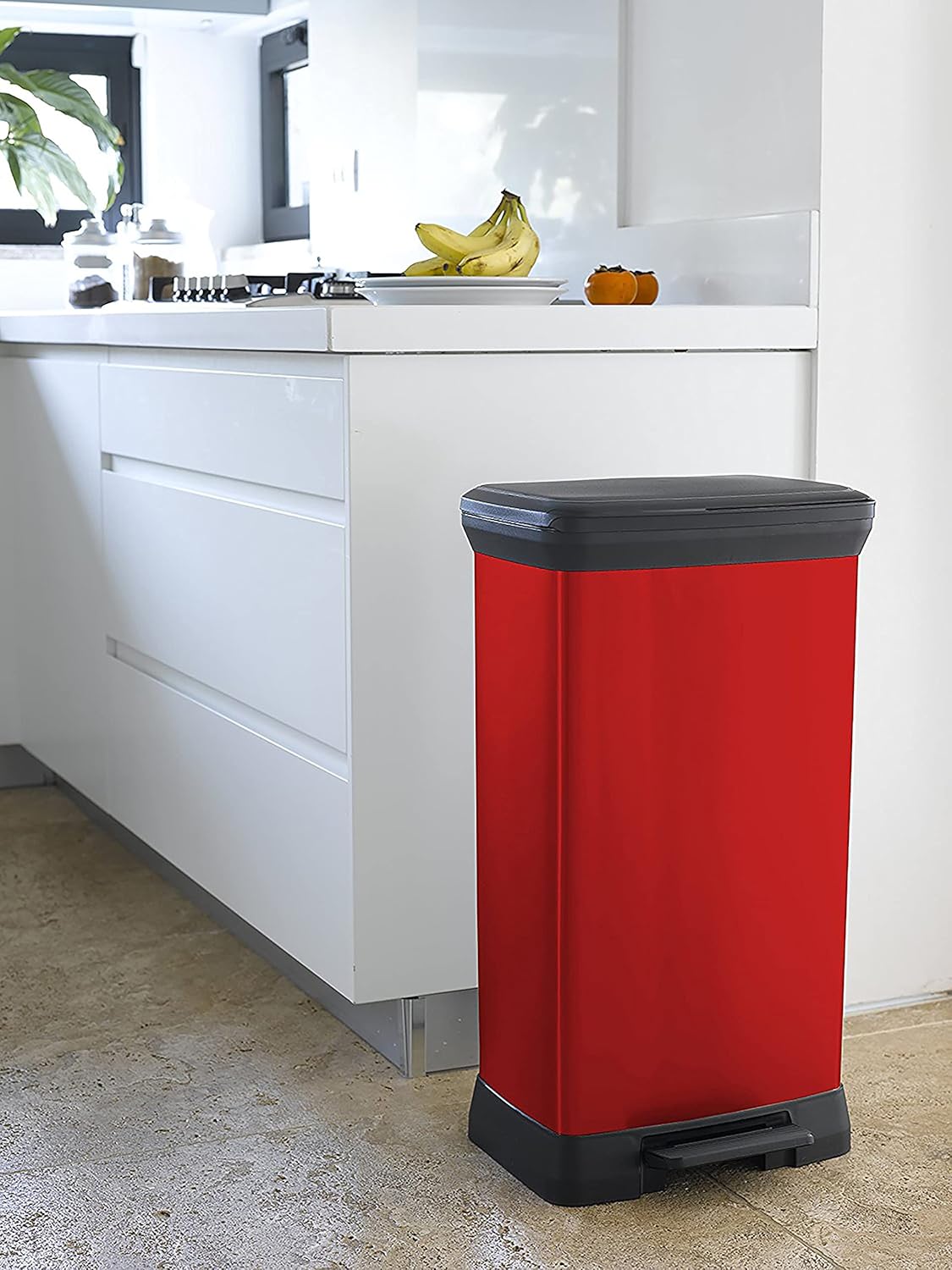 Curver Metal Effect 70% Recycled Kitchen Pedal Touch Deco Bin 50 litres - Red