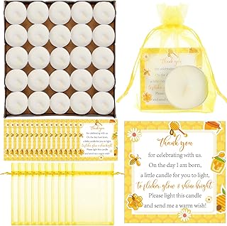 50 Sets Bee Theme Baby Shower Party Favors Include 50 Pcs Tea Light Candles for Guests 50 Pcs Bee Thank You Greeting Cards and 50 Pcs Yellow Organza Bags Return Gifts for Girls Gender Reveal Party
