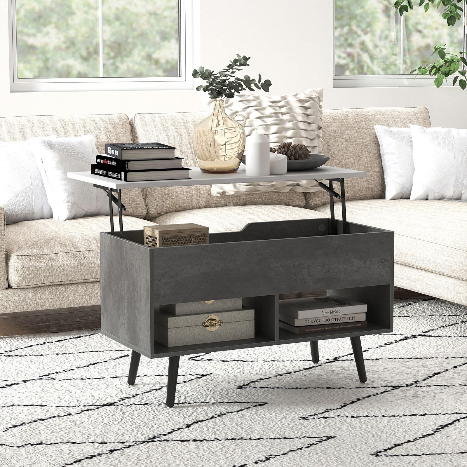 LIFEZEAL Tavolino Salotto Sollevabile, Tavolino Basso da Caffè, Soggiorno, Moderno, Salvaspazio, con Piano Elevabile, Gambe in Legno Massello, Contenitore, 2 Scomparti, 80x40x44,5-58cm (grigio)