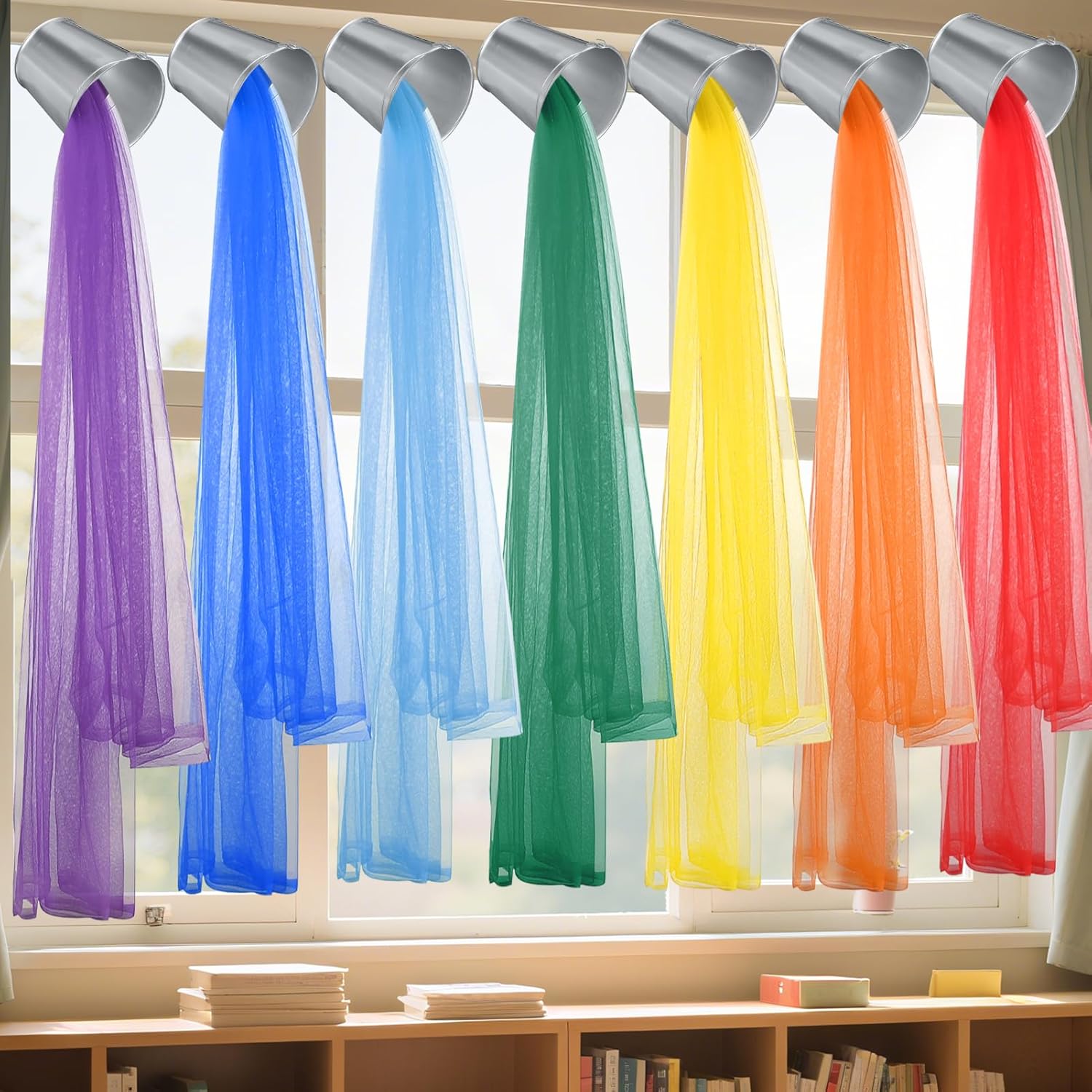 7 Sets Art Paint Party Decoration First Day of School Pouring Paint Can Rainbow Sheer Curtain Back to Classroom Colorful Rainbow Curtains Backdrop for Classroom Bedroom Playroom Decor
