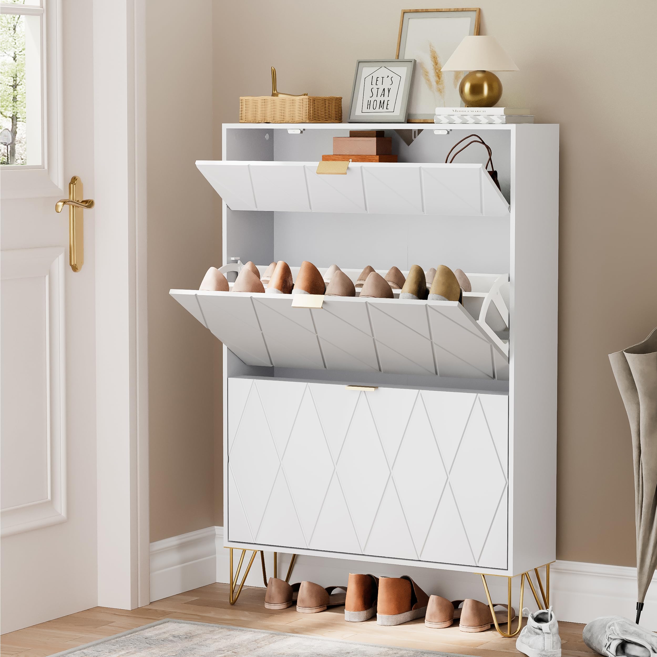 UEV Schuhschrank mit 2 Klappen, 80 x 24 x 120 cm für 16 Paar Schuhe mit 1 Schubladen, Schuhschrank Weiß, Schuhkipper Schmal, Schrank Flur Schuhkommode im Flur, Platzsparend