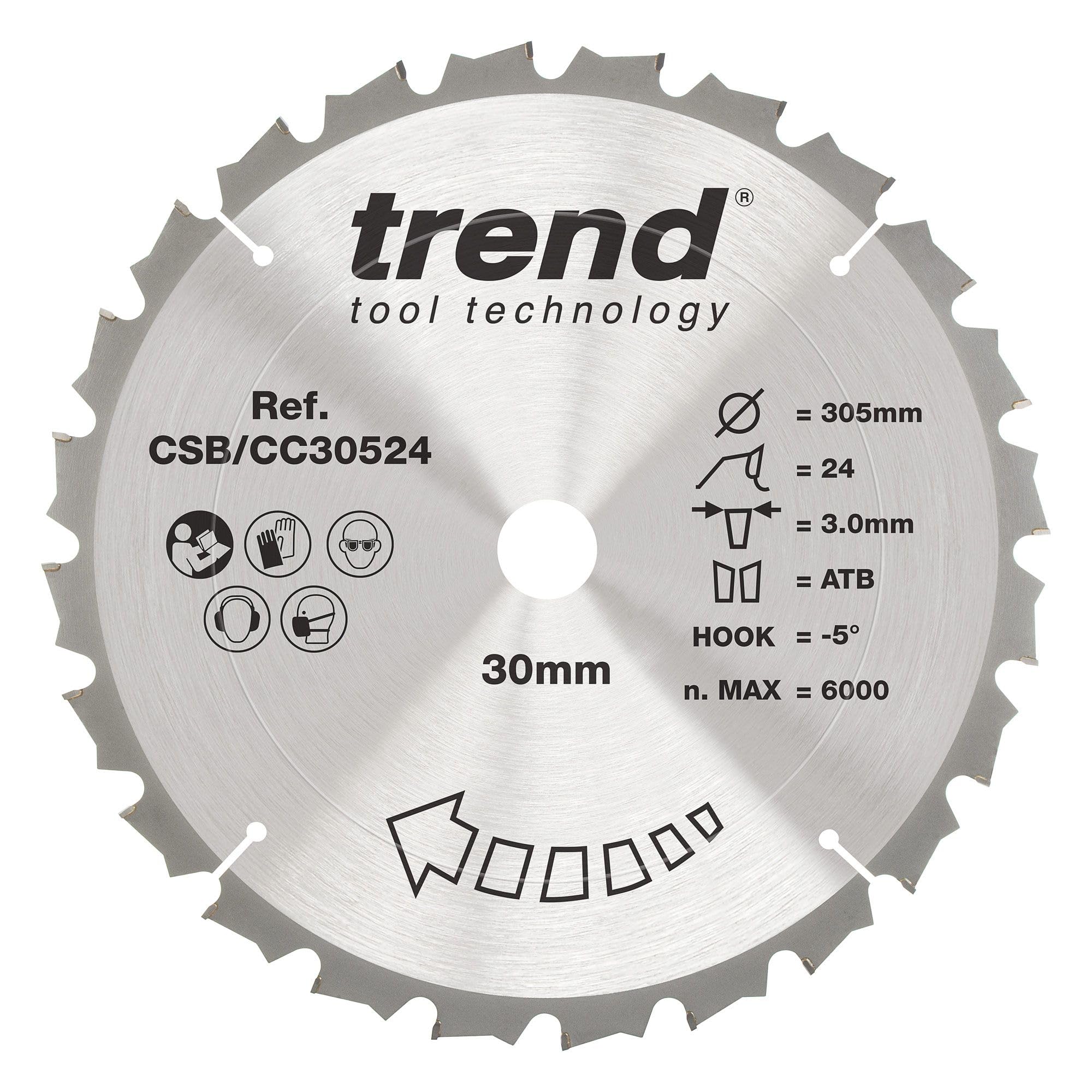 Trend Wood Mitre Saw Blade, 305mm Diameter, 30mm Bore, 24 Teeth, 3mm Kerf, -5° Hook, TCT, Coarse Finish, CSB/CC30524