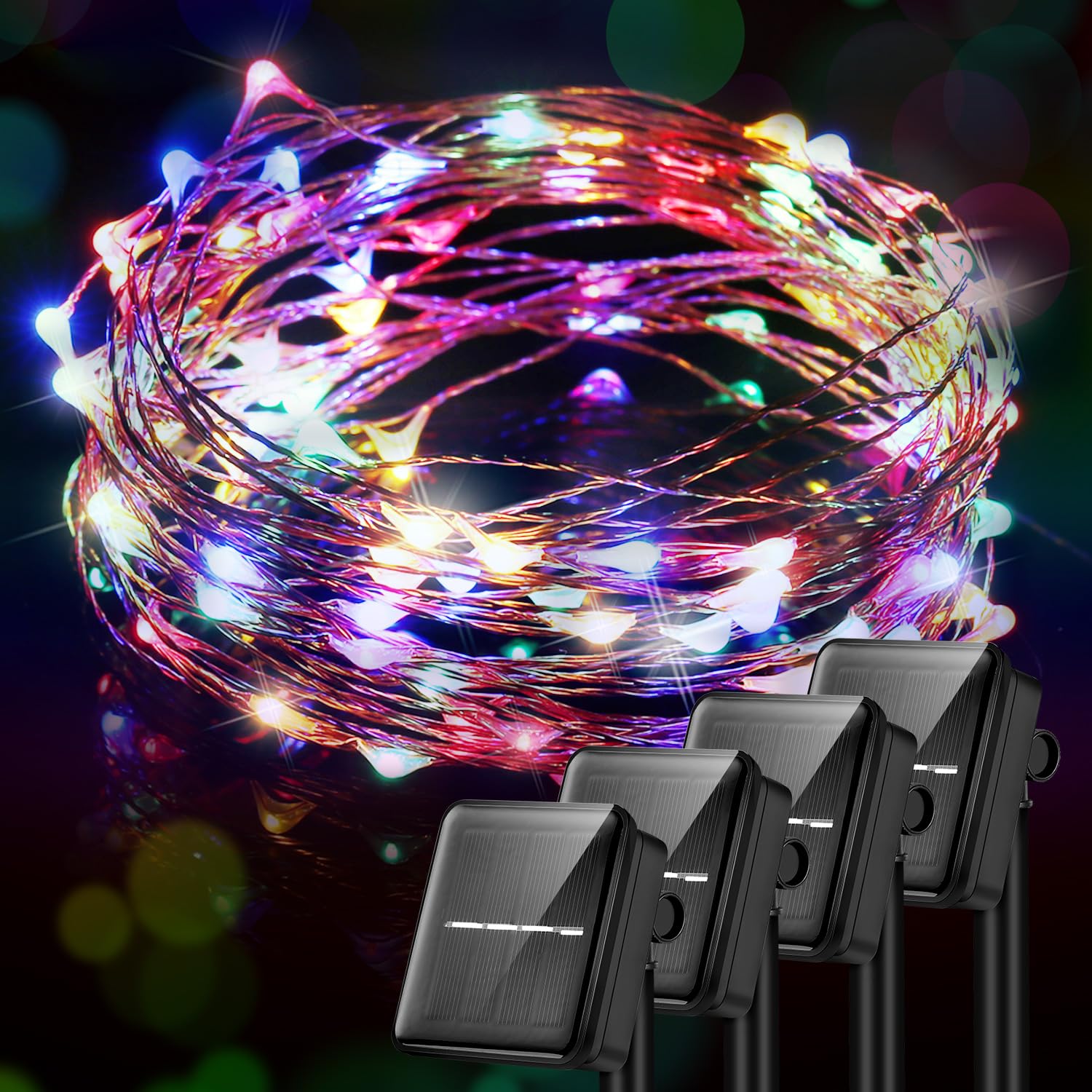 Solar String Lights, 4 Pack, 33 Ft, 100 LED Copper Wire, Multi Color, 8 Lighting Modes, Waterproof, Outdoor and Indoor Use, for Garden, Patio, Yard, Tree, Wedding