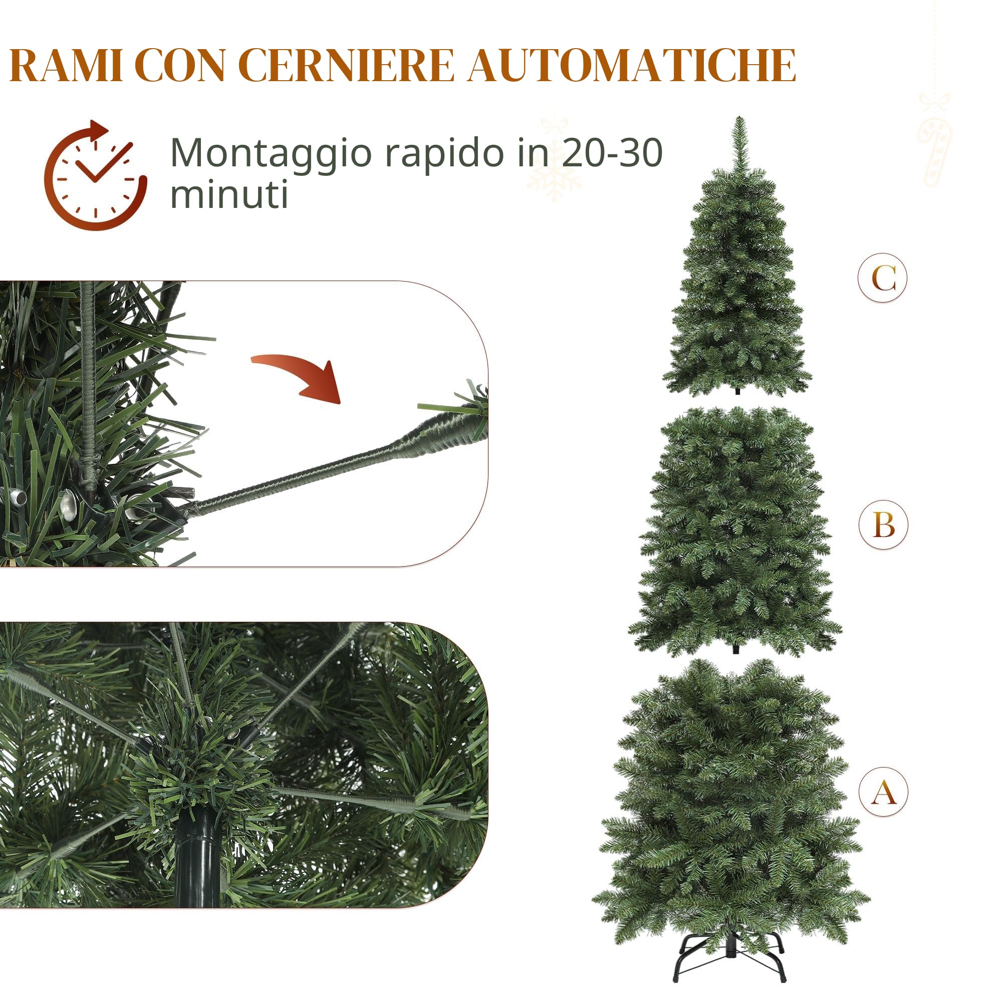 YITAHOME Albero di Natale Artificiale Sottile 182 cm con 200 Luci LED, ca. 700 Punte, Albero di Natale Realistico con Telaio Pieghevole & Supporto in Metallo, 182 x Φ65 cm