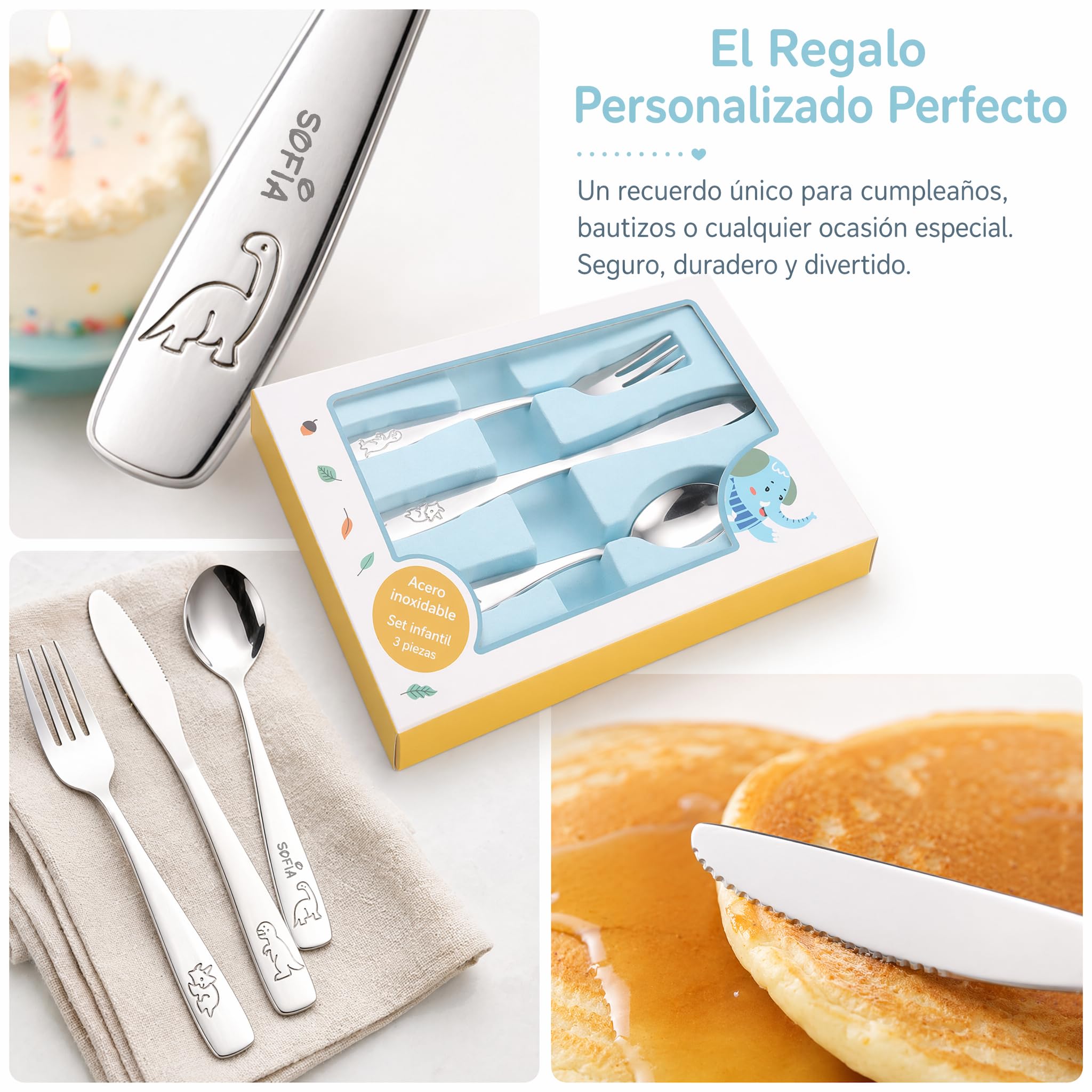 Cubiertos Infantiles Personalizados 3 Piezas | con nombre y fecha, acero inoxidable, dibujos de animales