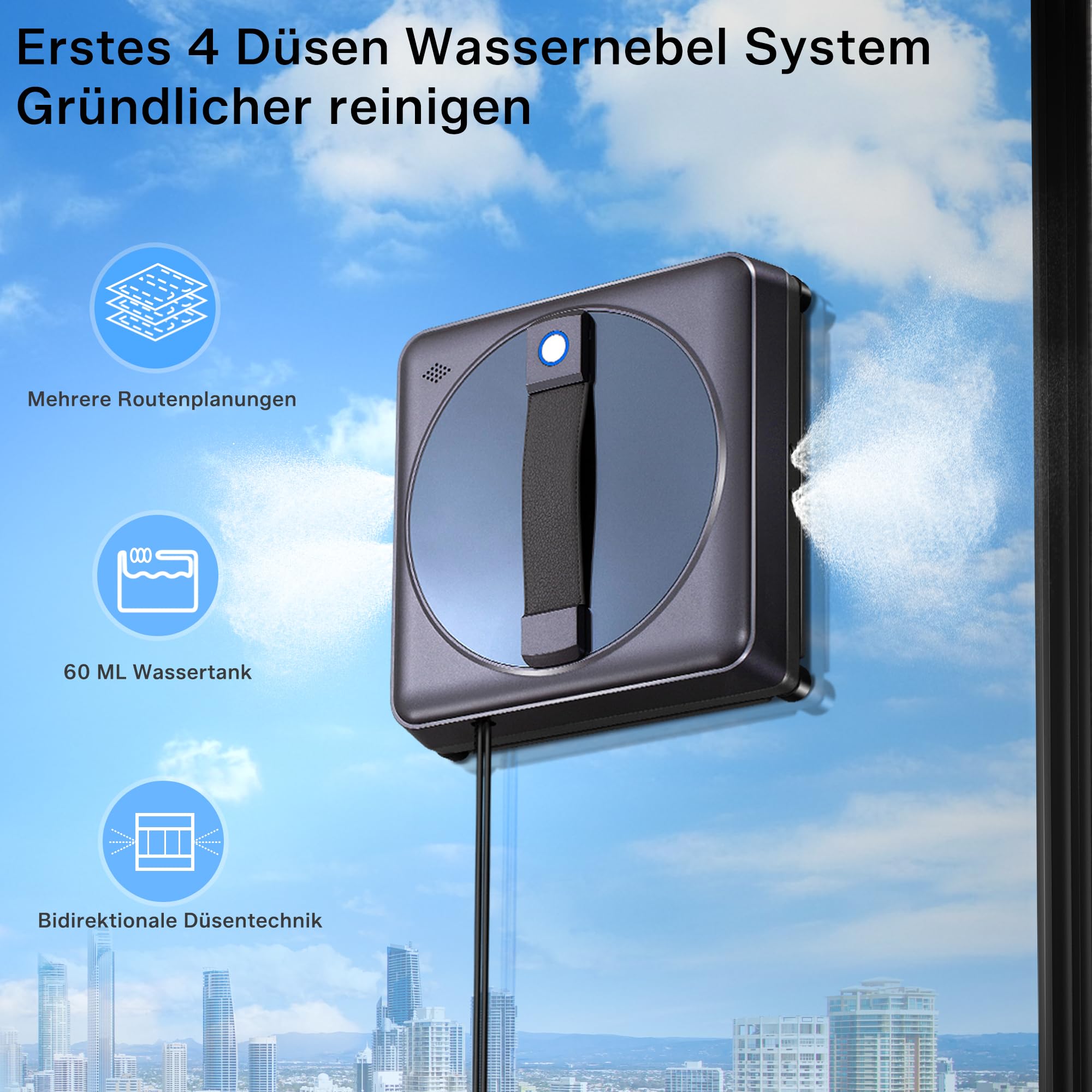 Fensterputzroboter mit Fernbedienung, 4-Düsen-Wassersprüher, Turbo-Absaugung 5000PA Starke Saugkraft, 3 Reinigungsmodi, Intelligente Pfadplanung, Kanten-Erkennung, Fernbedienung, 4 Reinigungstücher
