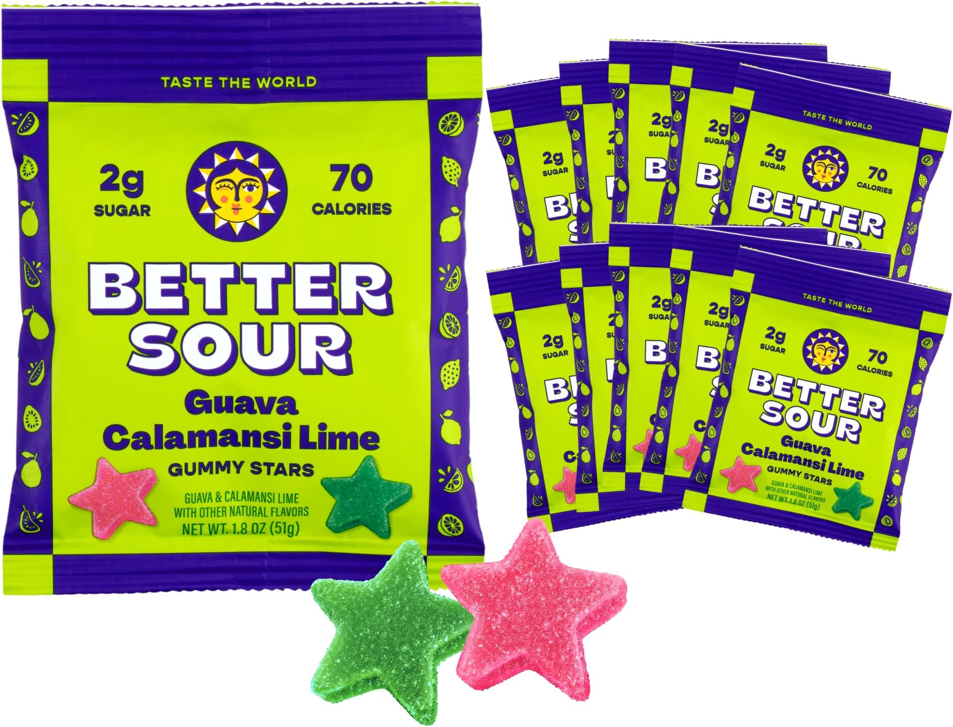 Better Sour Guava Calamansi Lime Gummy Stars Candy, Guava Sour Candy with Bold Tropical Flavor, Healthy Sour Candy Gluten Free Snack, Fiber Gummies with Fiber Support (Pack of 10)