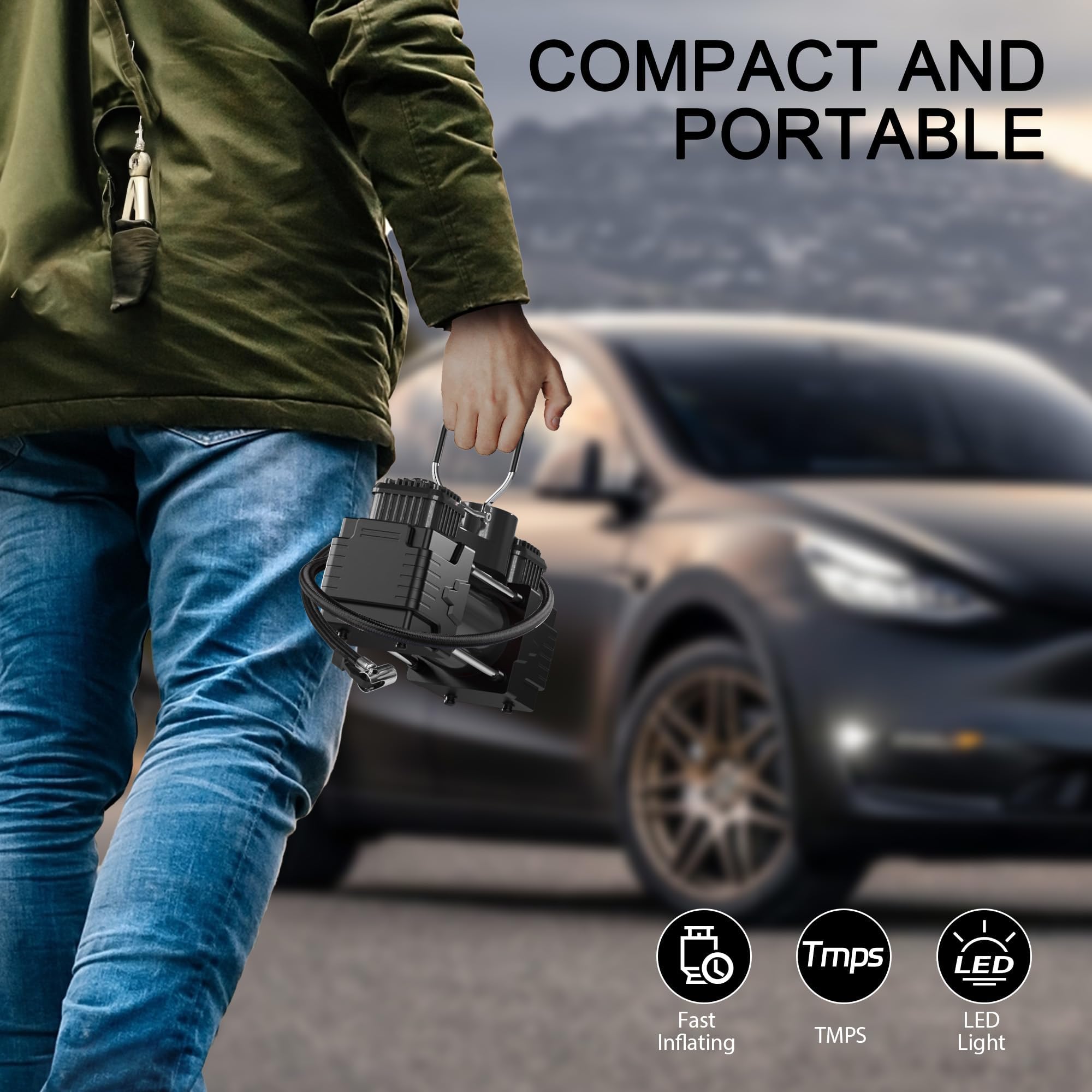 Compressore d'aria a doppio cilindro, 150 psi, 12 V CC, portatile, accessorio per auto, luce a LED, resistente, per camion, SUV, auto, camper, per uomini e donne (nero)