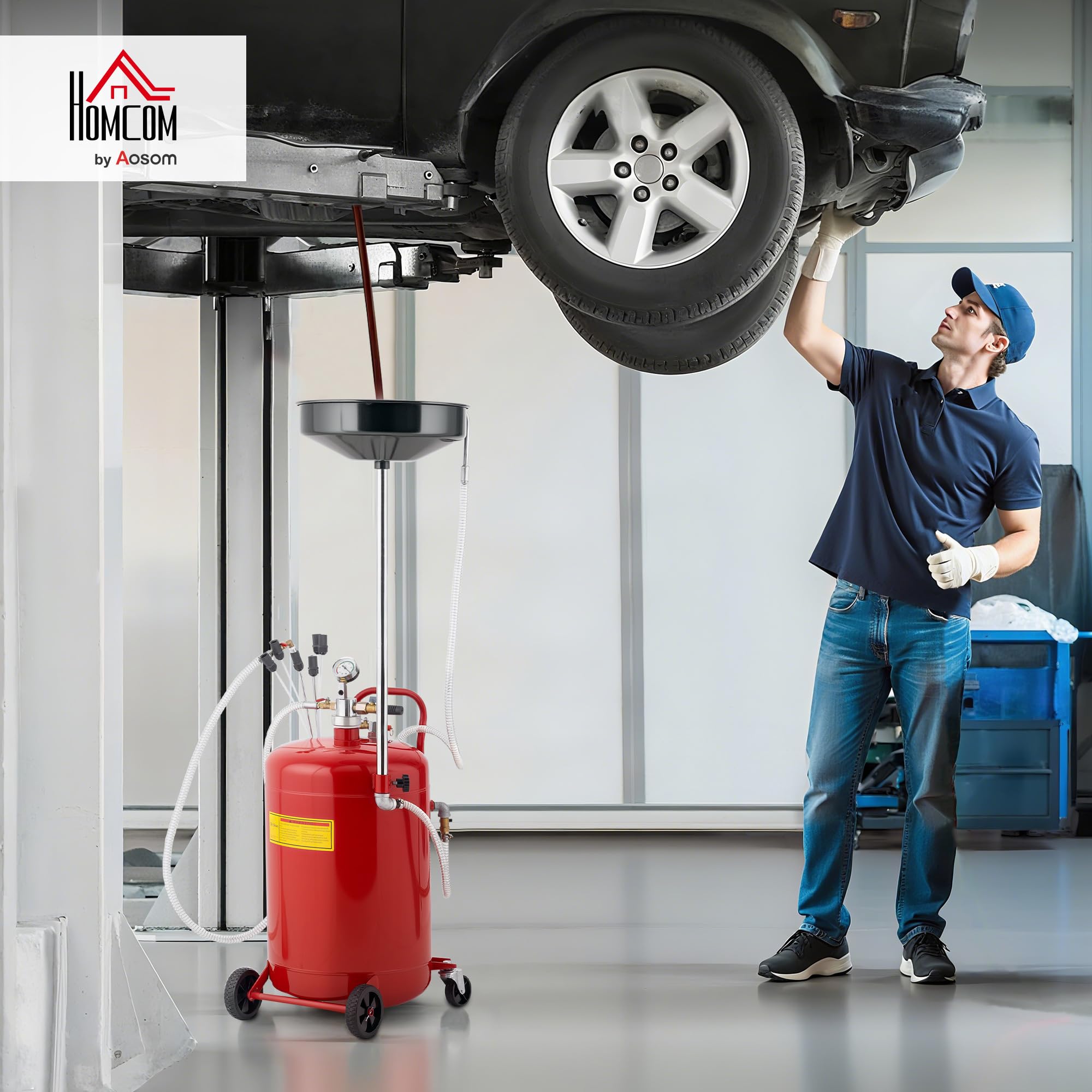 HOMCOM Récupérateur de vidange d'huile usagée 80 L, Hauteur Ajustable 101-141 cm, Chariot de récupération d'huiles Portable avec poignée et roulettes, Rouge