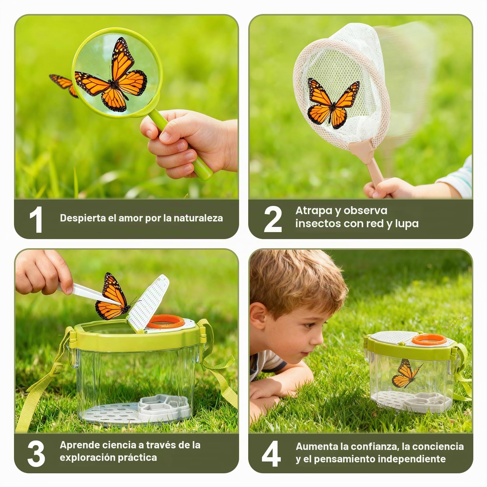 Dreamon 17PCS Carretilla Niño Set Jardinería y Exploración | Herramientas Jardinería Infantil + Kit Explorador Niños con Caja Insectos, Red, Lupa | Juguetes Jardín Educativos Exterior 3+ Años
