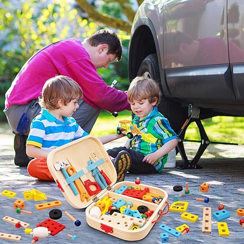 Miniatura 6 de Juego de herramientas para niños pequeños, 56 piezas de madera con caja de herramientas, juguetes educativos de aprendizaje de construcción, juegos
