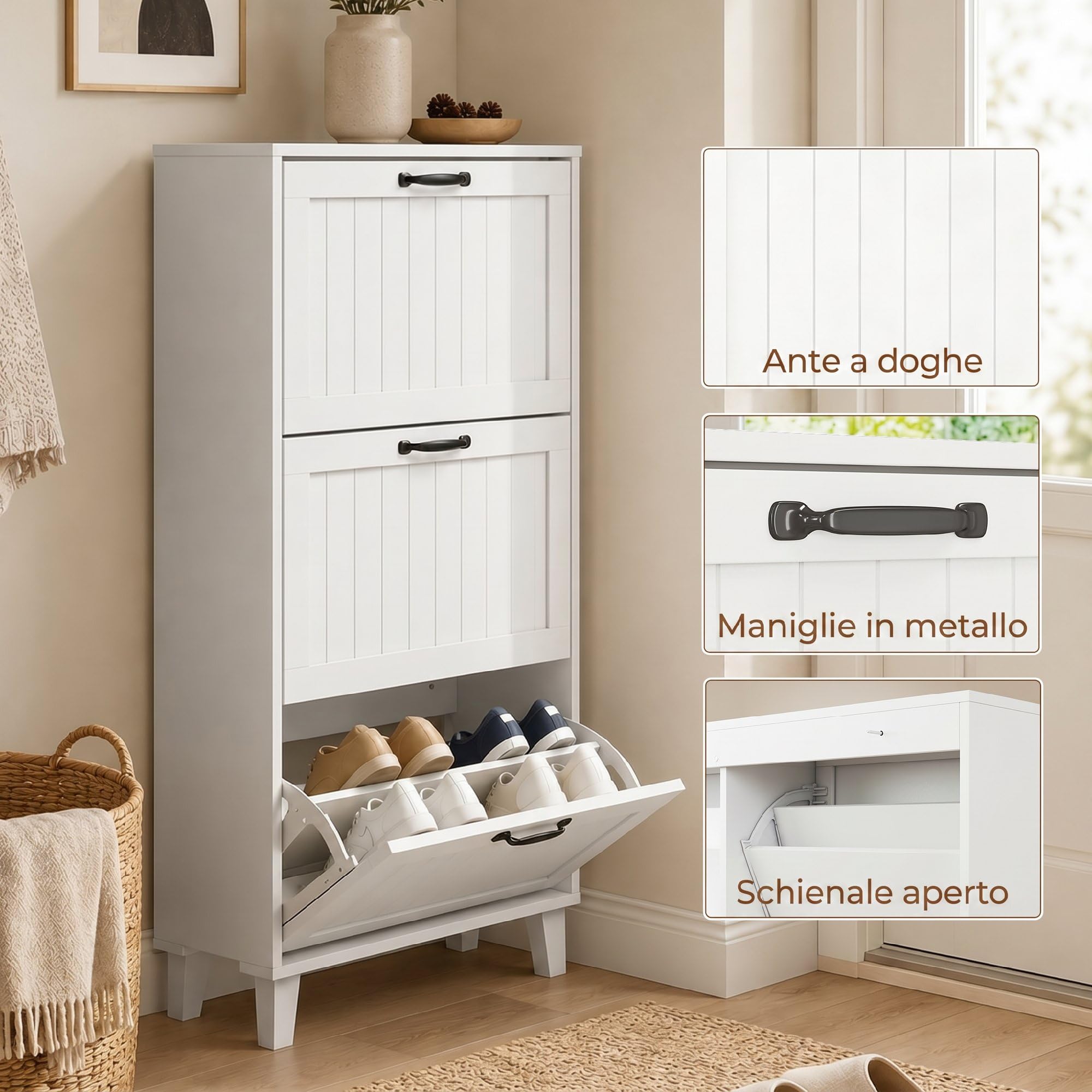 HOMCOM Scarpiera Salvaspazio Slim con 3 Ante a Ribalta 60x24x118cm Bianco | Scarpiera Ingresso, Ripiani Regolabili, Gambe in Bambù, Maniglia, Porta Scarpe per 15-18 Paia, per Ingresso Corridoio