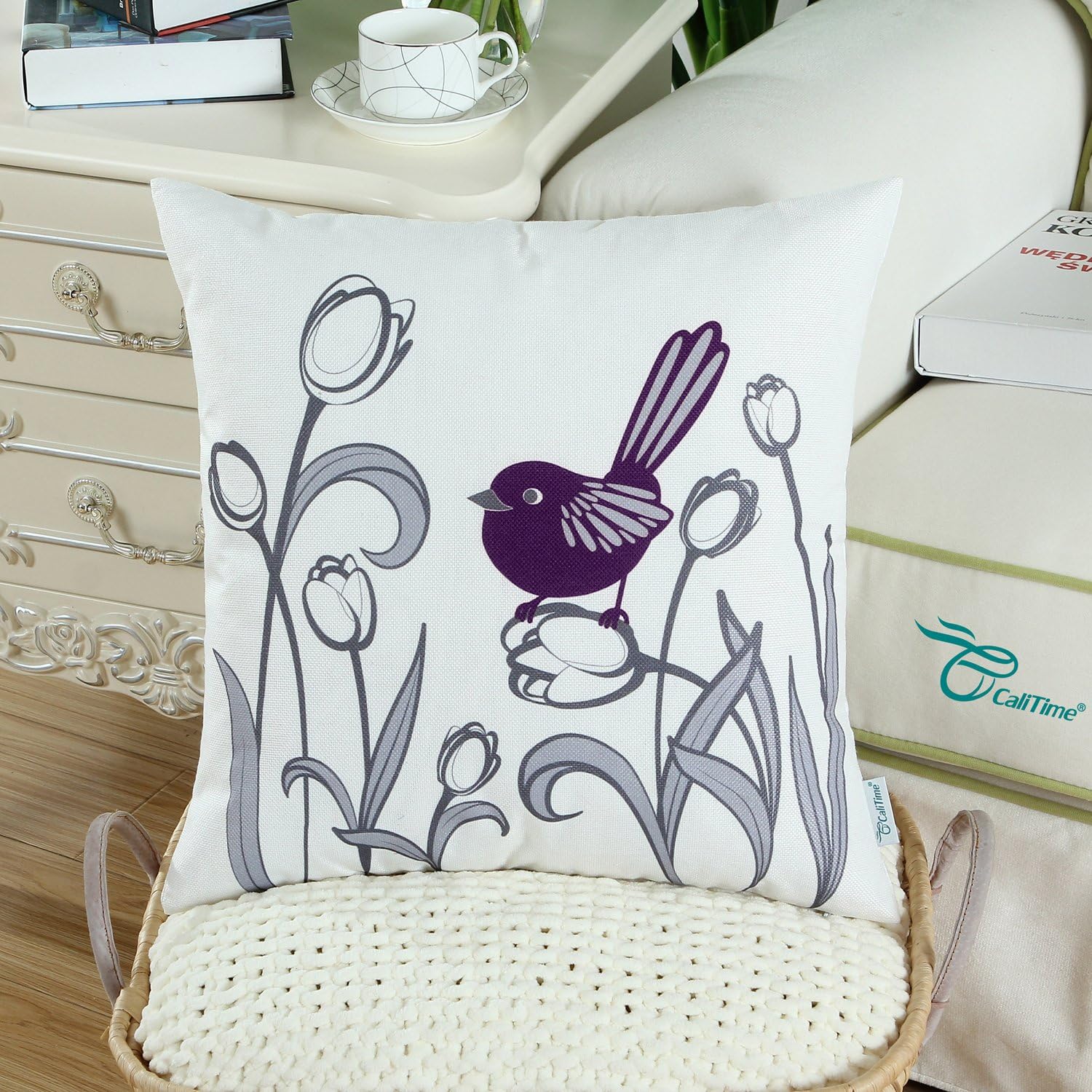 CaliTime Pack of 2 Soft Canvas Throw Pillow Covers Cases for Girls Couch Sofa Hand Drawing Cute Bird with Gray Sweet Tulip Floral Print 18 X 18 Inches Deep Purple