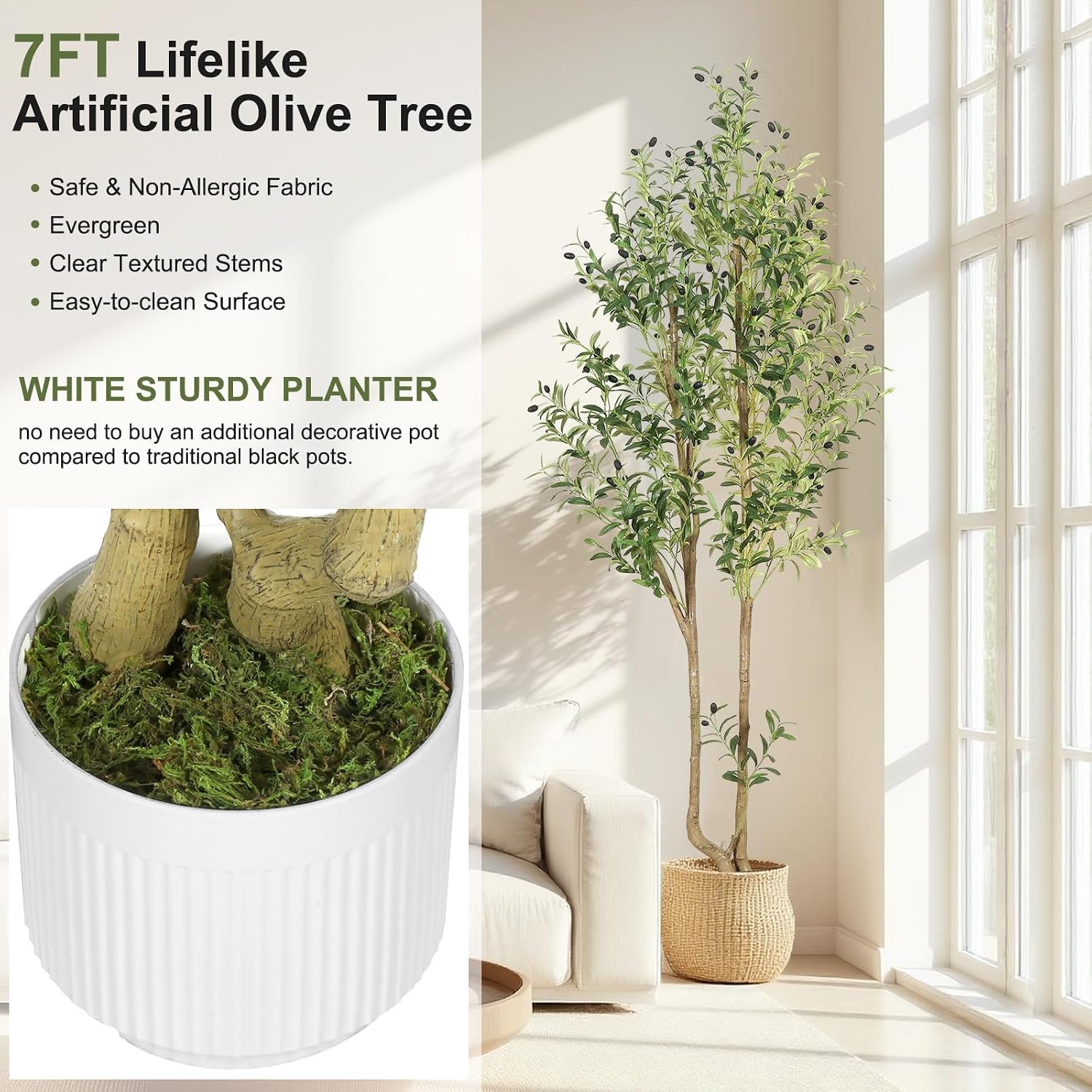 HZXGCP Olive Tree Olive 7 feet, Artificial Olive Tree with White Pot, Fake Tree with 1882 Dense Leaves & 96 High-Simulated Olive Fruits - Easy Assembly, Low Maintenance (Olive Tree 7ft)