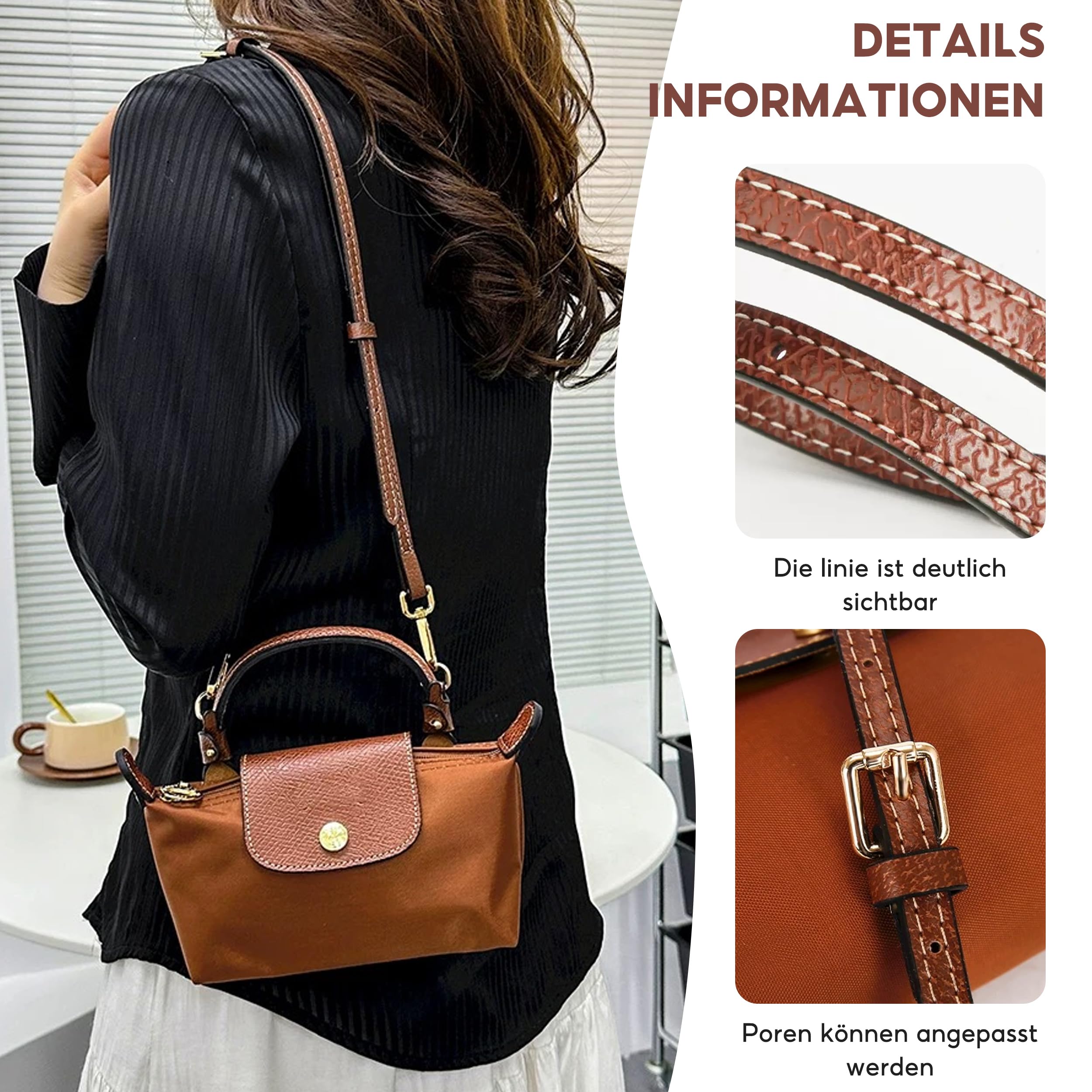 Pasek na ramię do torebki Longchamp, mini Bag Straps z 2 adapterami na ramię, regulowany pasek zastępczy o regulowanej długości, skórzany pasek na ramię, regulowany pasek na ramię do toreb (1,2