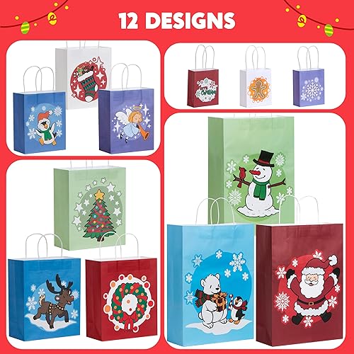 Miniatura 2 de JOYIN 24 bolsas de regalo – 12 diseños, grande 15 pulgadas, "mediano 12", "pequeño 9", "XS 7" con Papá Noel, muñeco de nieve, reno, árbol de