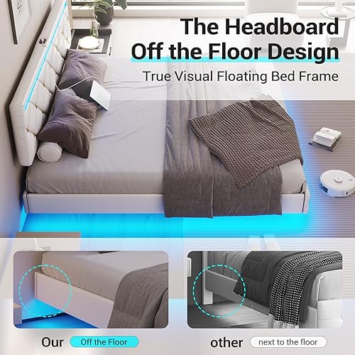 Miniatura 5 de DICTAC Base de cama flotante King con luces LED y puertos USB, plataforma tapizada moderna, marco de cama LED, tamaño King con cabecero de piel
