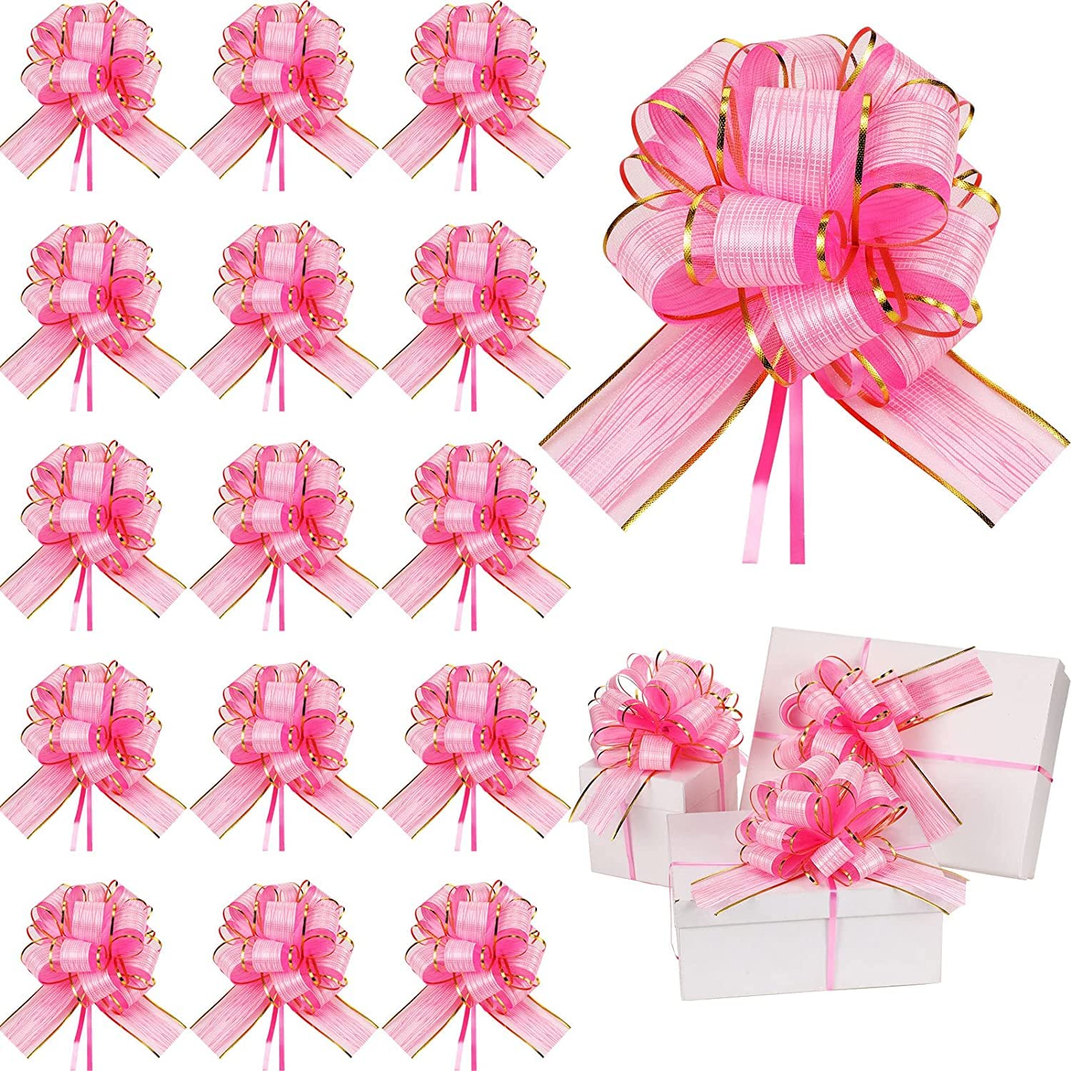 SYOSI Pull Bow Wrapping, Ribbon Pull Bows, for Wedding Baskets, Multicolor Ribbon Bow to Wrap Box or Floral Decoration, 6 Inches Diameter, 20 Pieces (Pink)